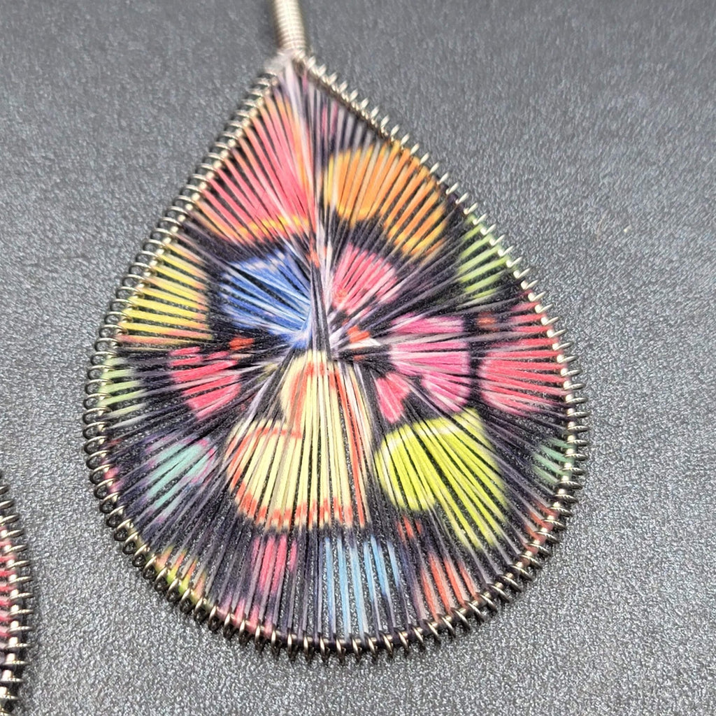 Large Pierced Earrings Silver tone Teardrop String Art Hearts Theme 3.5"