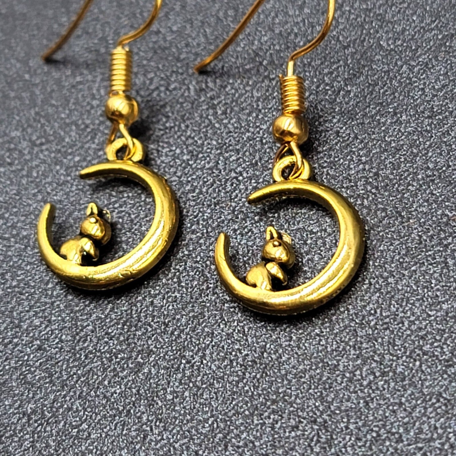 New Bunny Rabbit on Crescent Moon Pierced Earrings Gold tone Dangle 5/8"