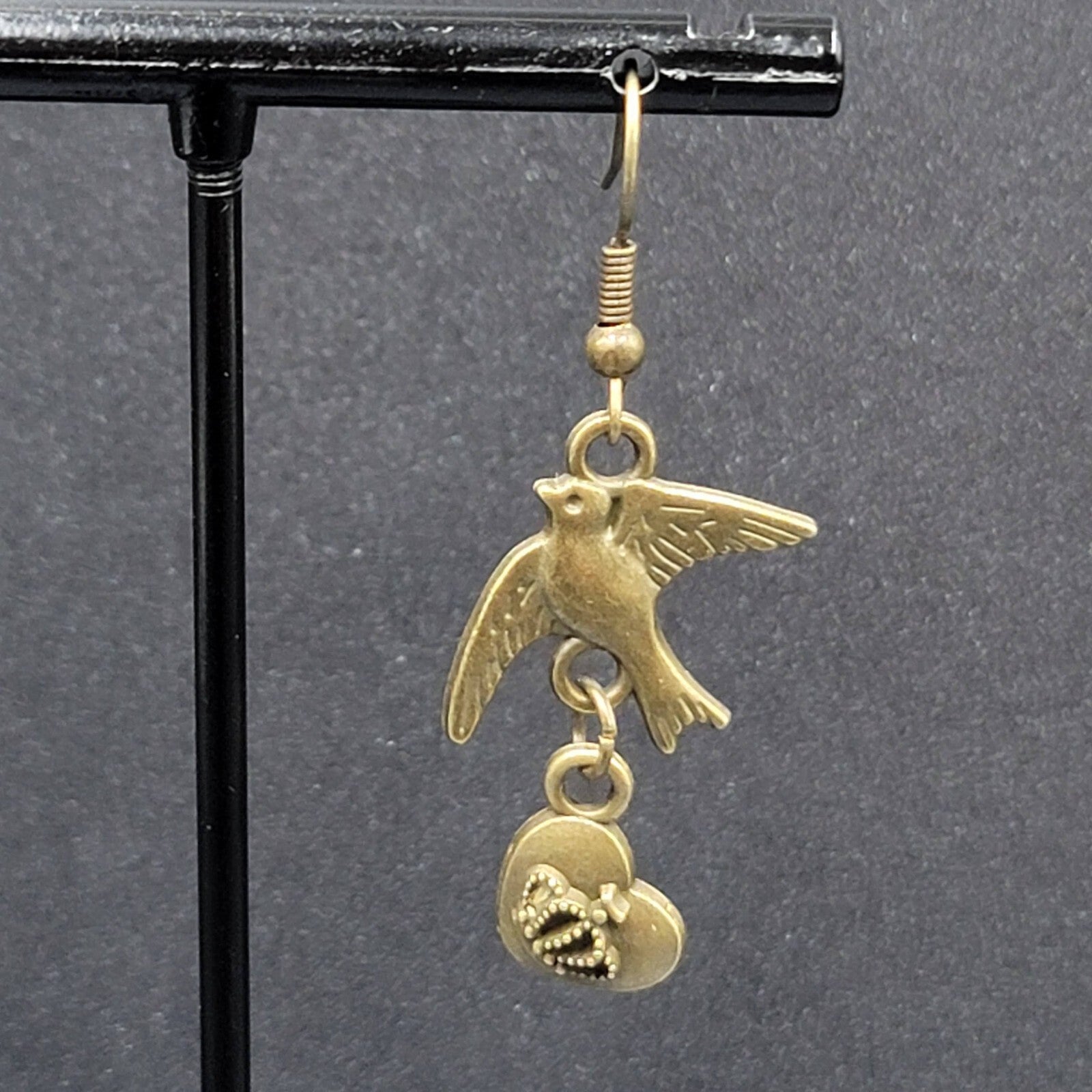Birds Heart Pierced Earrings Bronze tone Dangle 1.25"