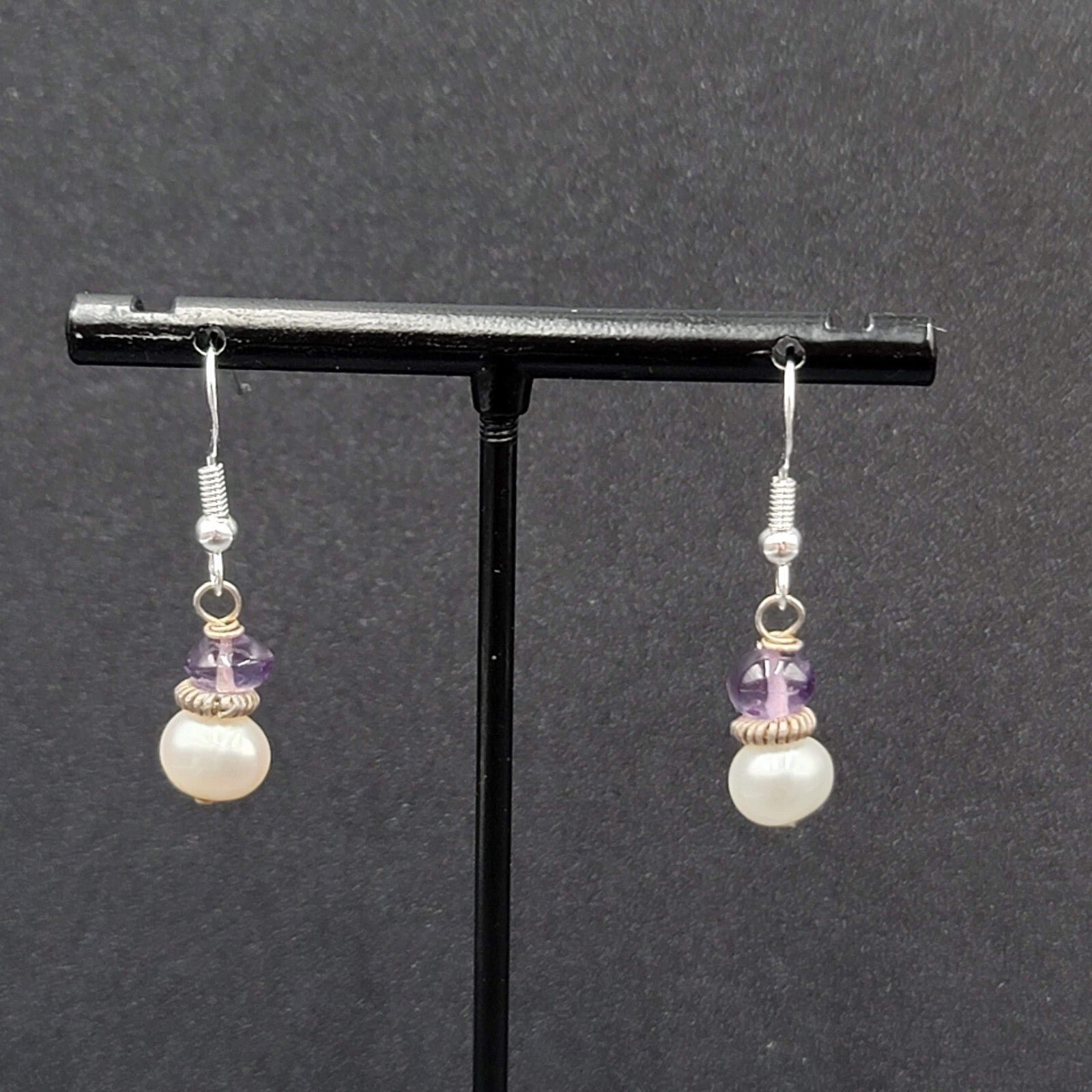 Sterling Silver Pierced Earrings Pearl Amethyst Bead Dangle 5/8"