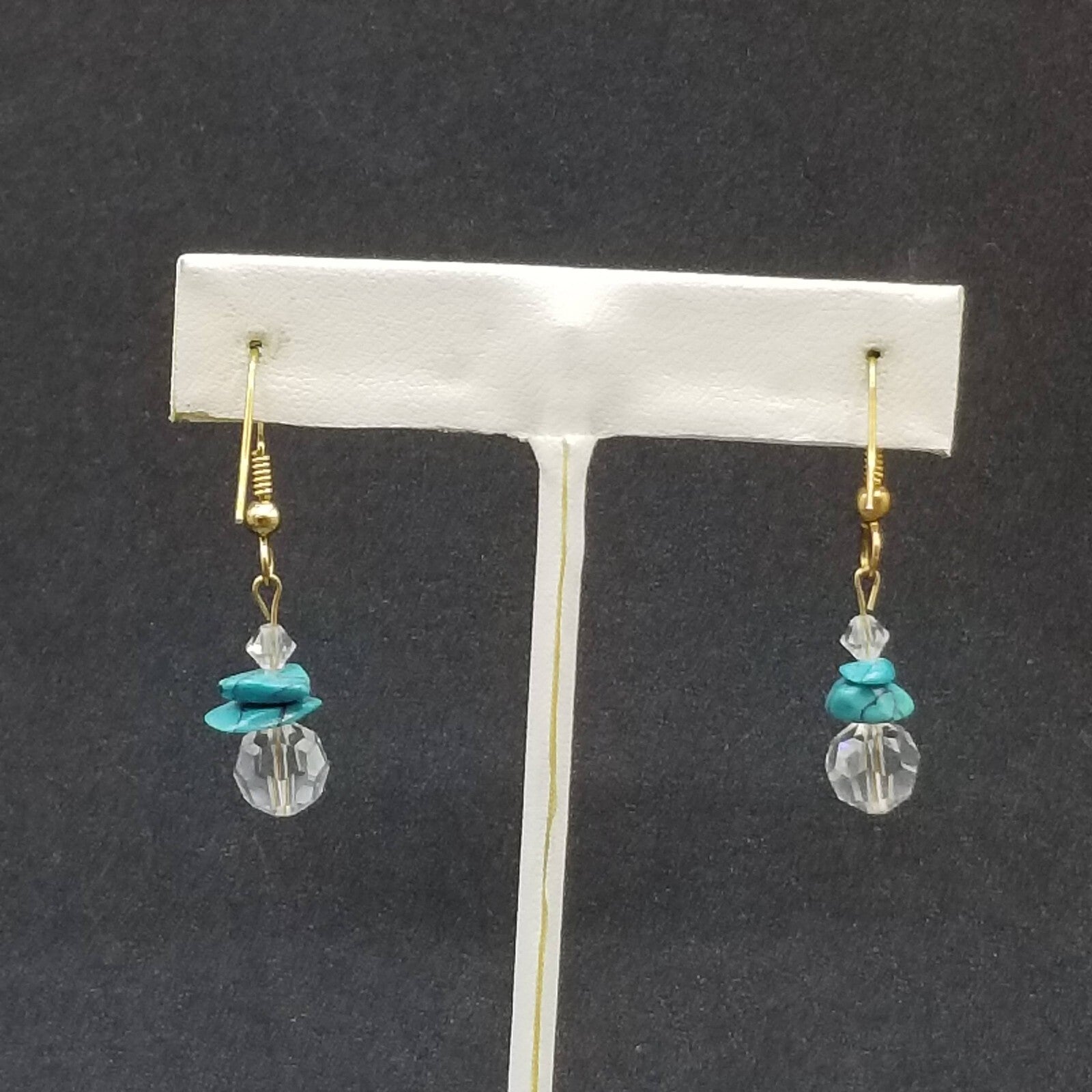 Pierced Earrings Gold tone Crystal Faceted Stone Turquoise Beaded Dangle 3/4"