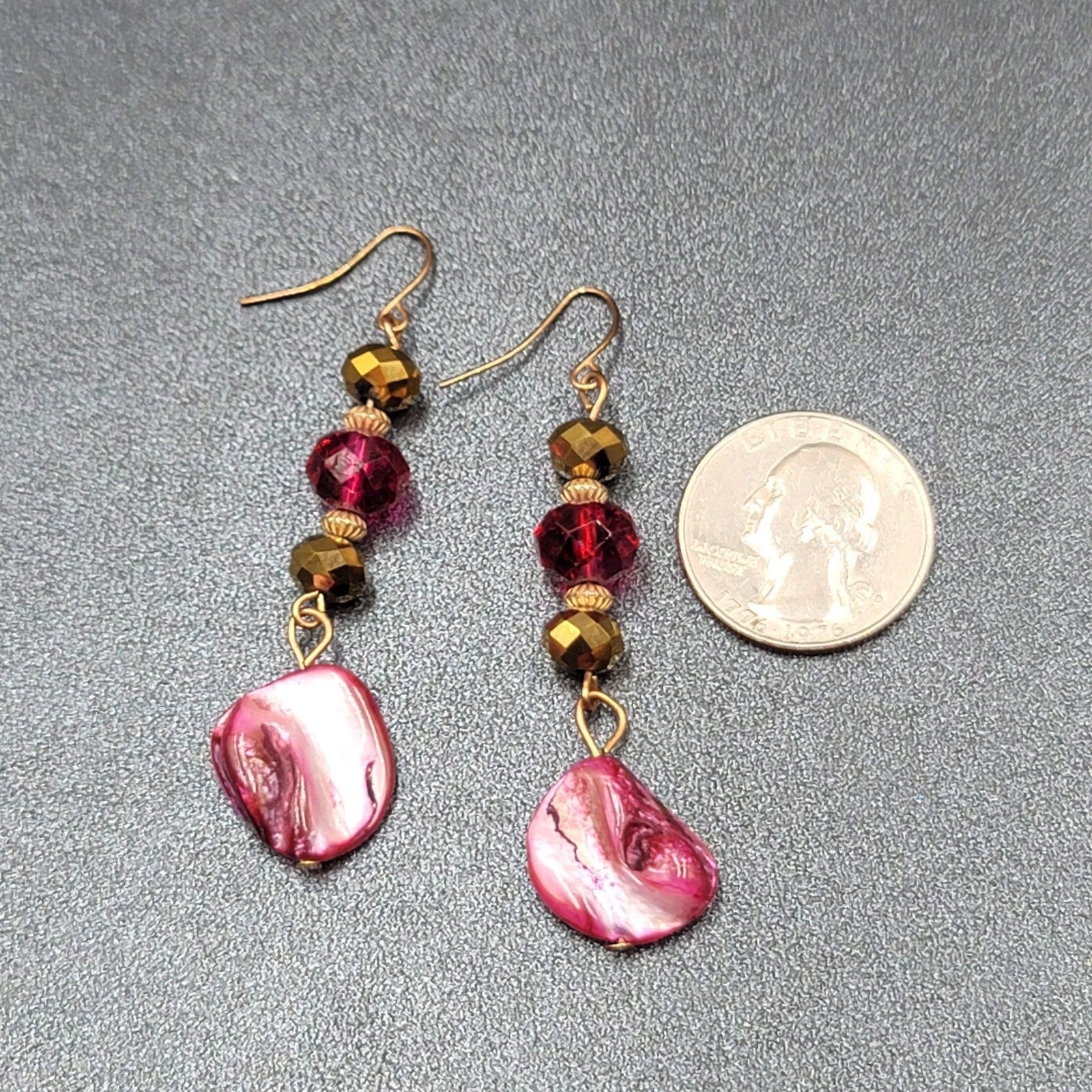 Pierced Earrings Gold tone Pink Beads Dyed Shell Dangle 2 1/8"