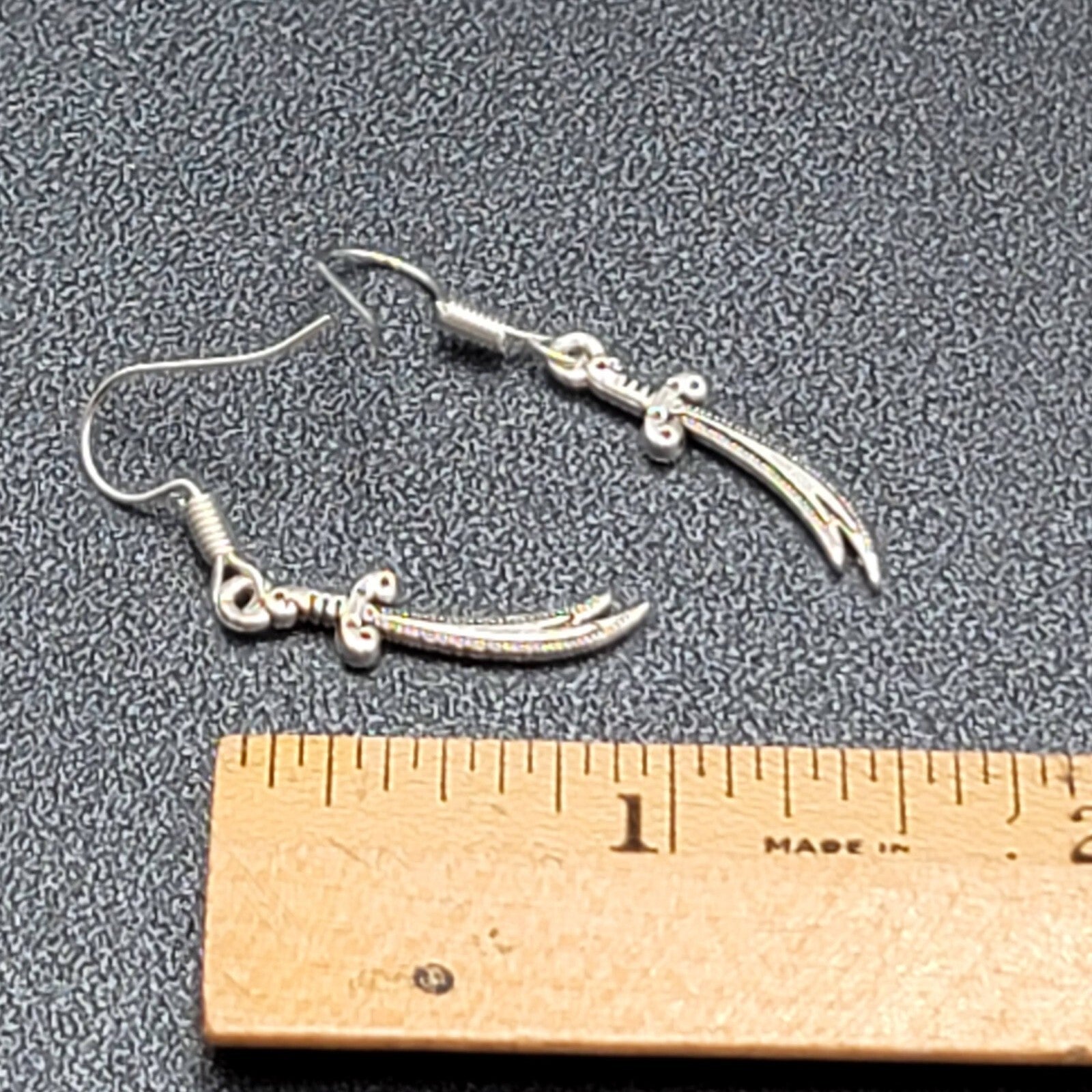 Pierced Earrings Scimitar Sword Silver tone Dangle 1"