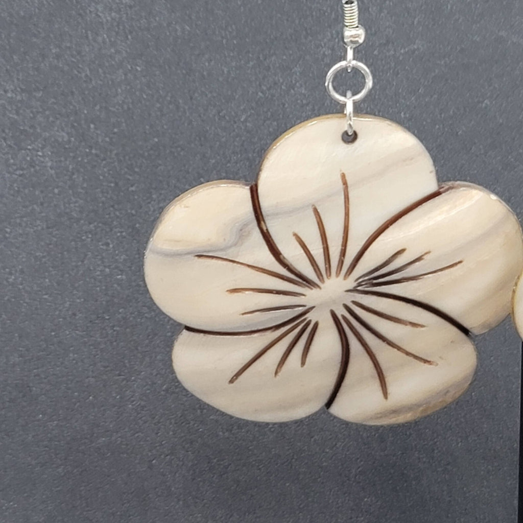 Flower Pierced Earrings Large Carved Shell Silver tone 2"