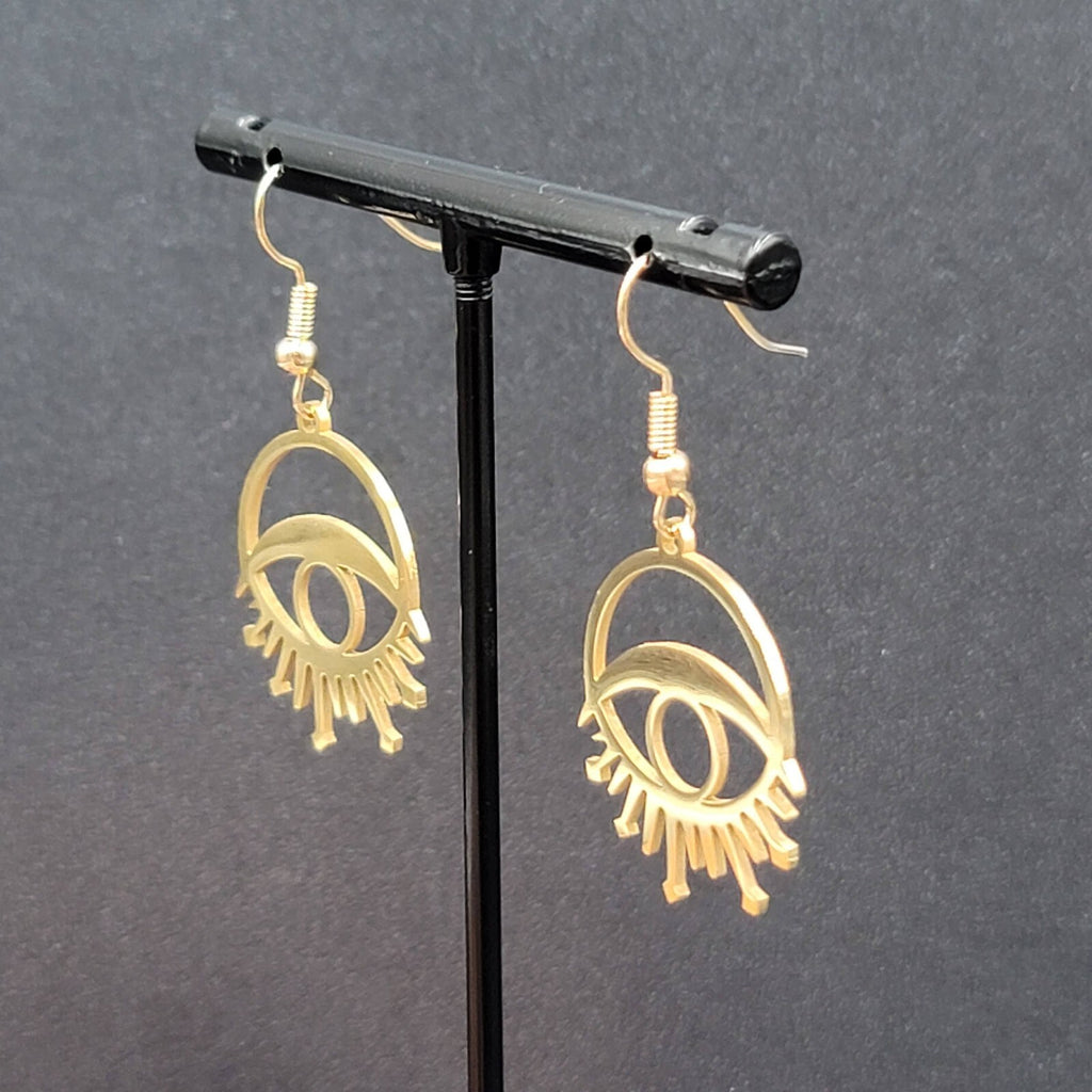 New Evil Eye Pierced Earrings Sun Rays Gold Plated Statement Dangle 1"
