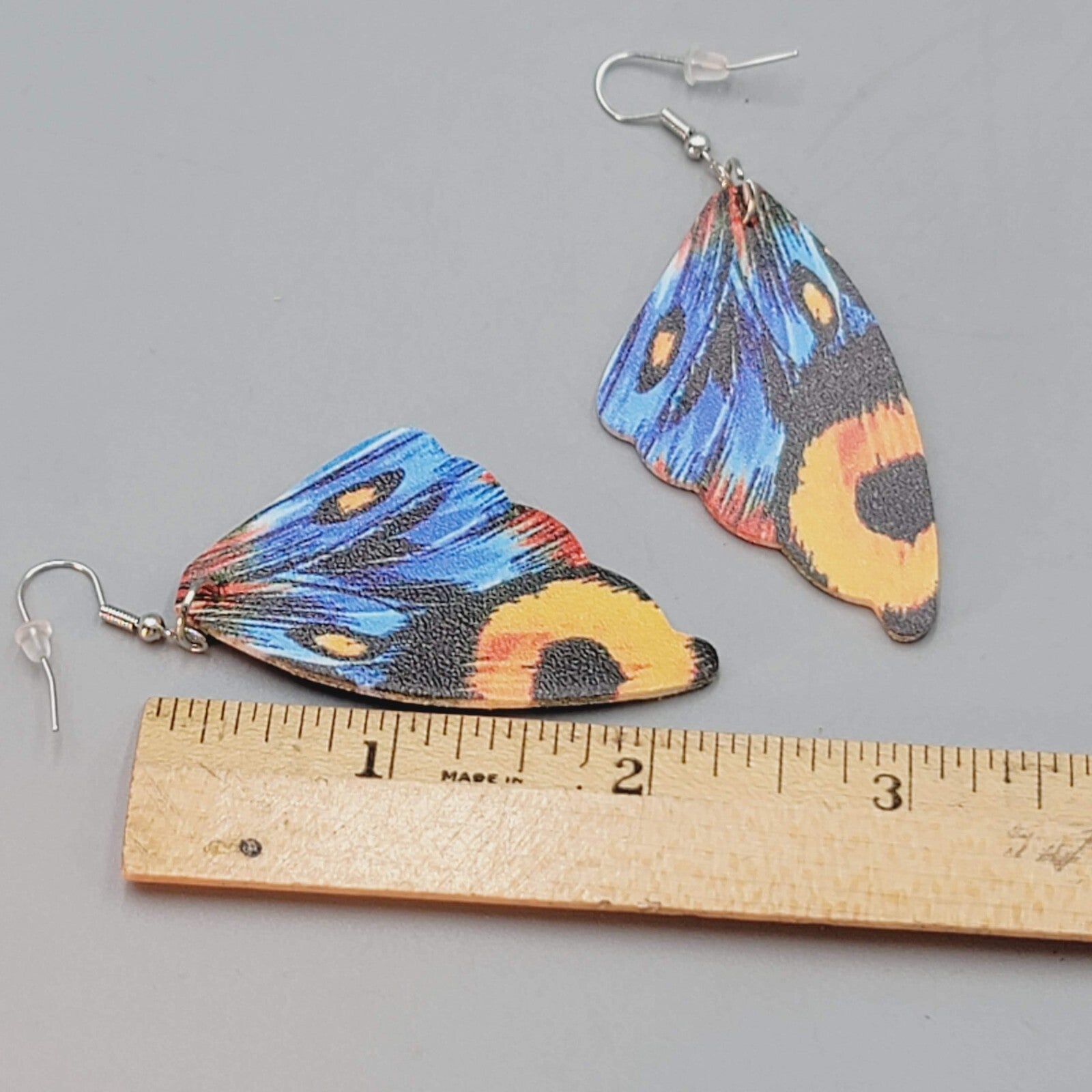 Butterfly Wing Pierced Earrings Blue Orange Statement Dangle 2.25"