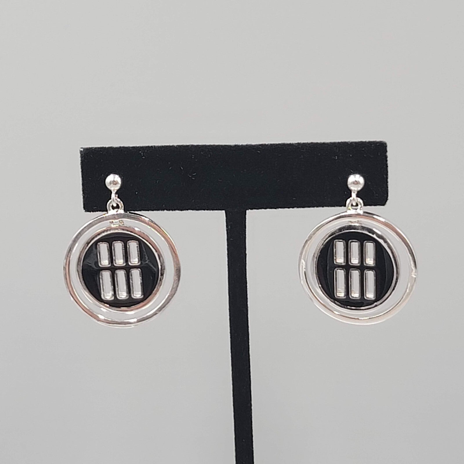 Black Enamel Pierced Earrings Silver tone Dangle Round 1.25"
