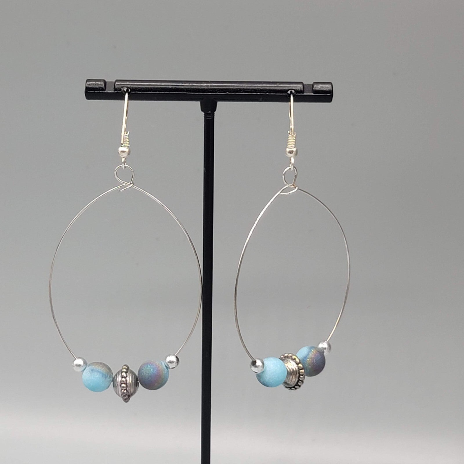 Pierced Earrings Silver tone Multicolor Blue Beads Hoops 2"