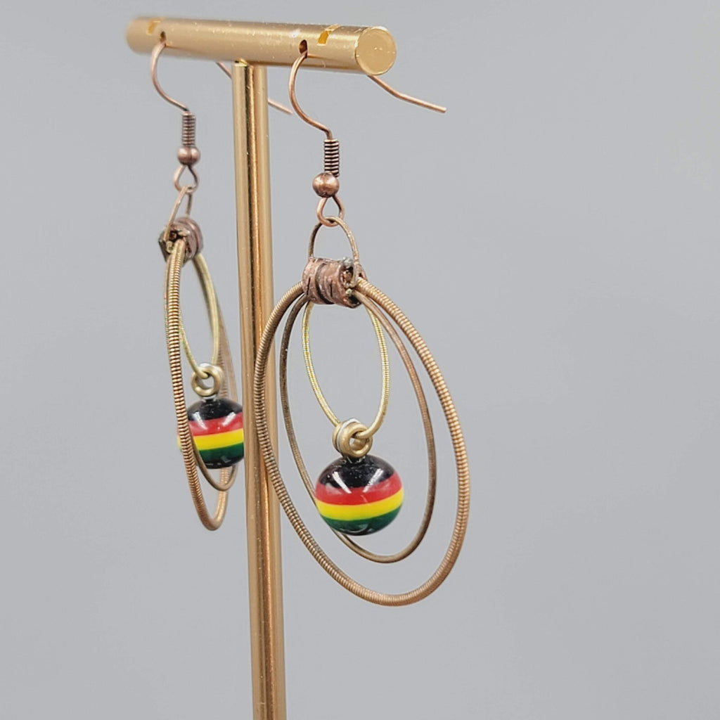 Guitar String Pierced Earrings Copper tone Multicolor Bead Dangle 1.75"