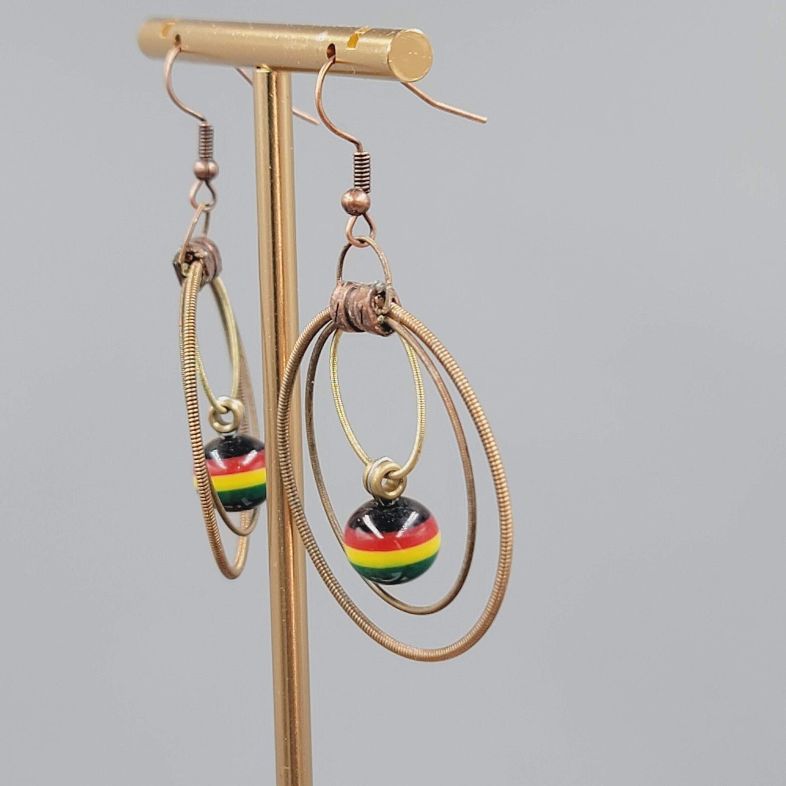 Guitar String Pierced Earrings Copper tone Multicolor Bead Dangle 1.75"