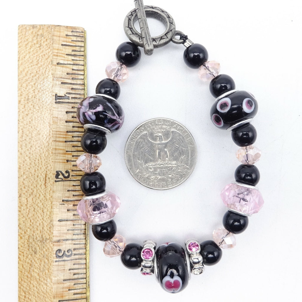 Pink Black Bead Slide Bracelet Silver tone Estate Costume 7.75"