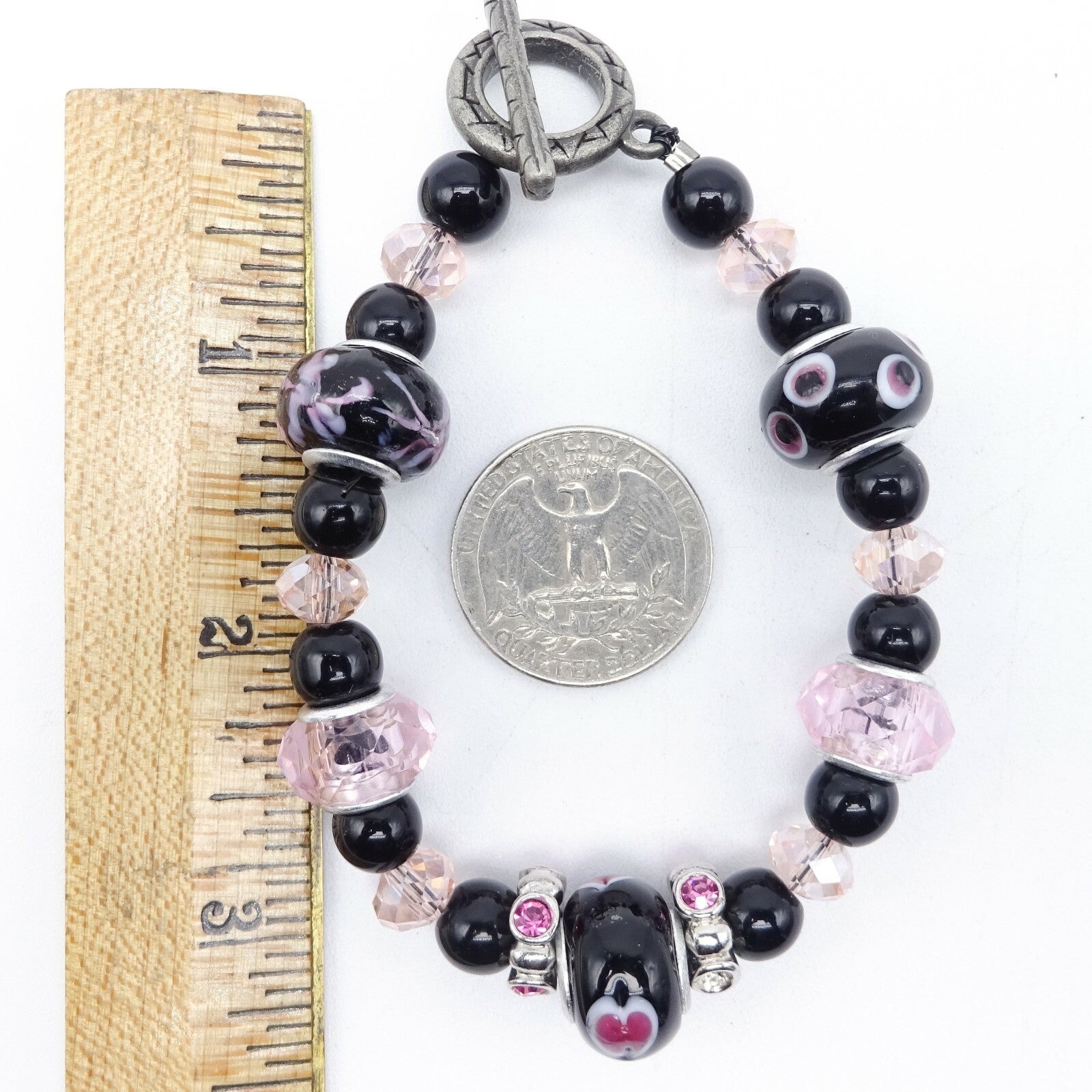 Pink Black Bead Slide Bracelet Silver tone Estate Costume 7.75"