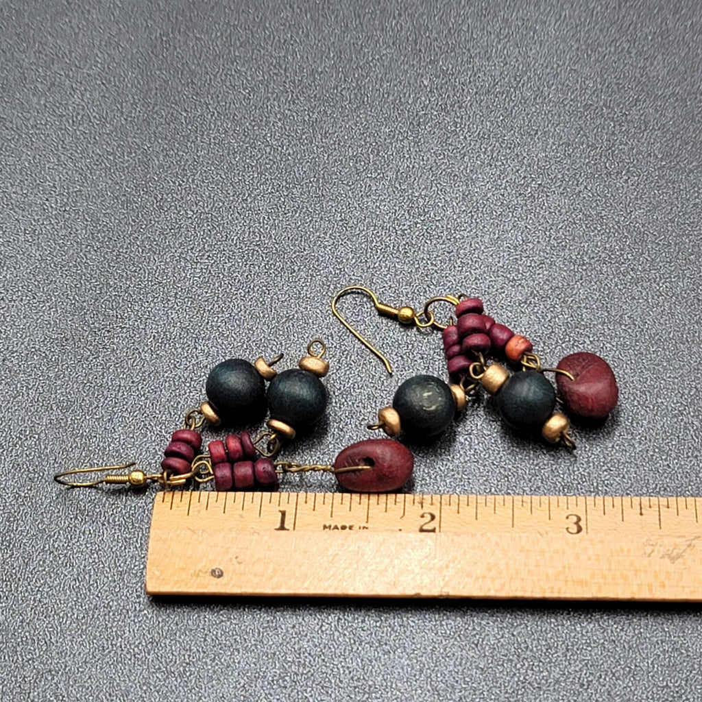 Vintage Pierced Earrings Purple Blue Wood Beads Dangle Boho 1.75"
