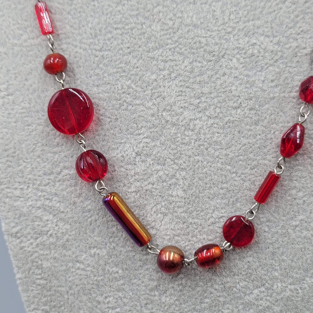 Ann Pedan Red Art Glass Bead Necklace Silver tone Long 26 in