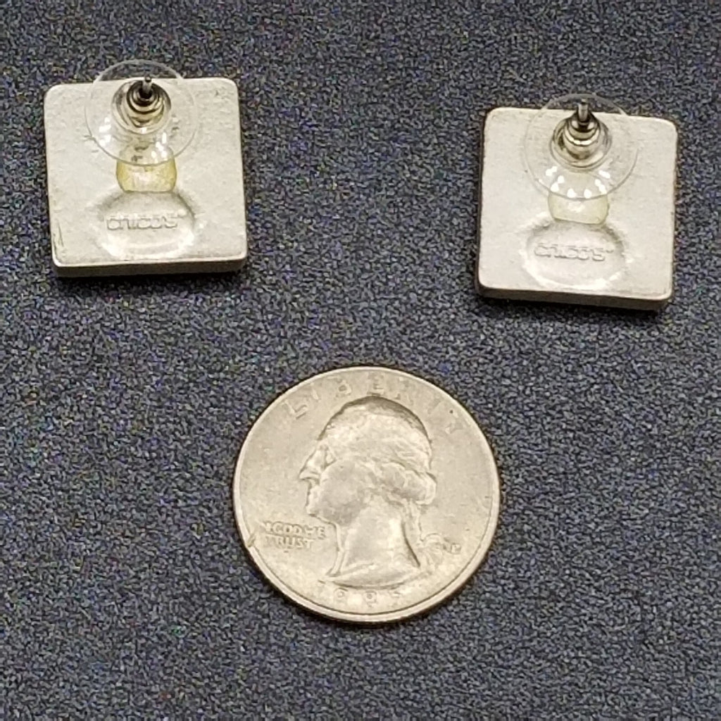 Pierced Earrings Chico's Silver tone Geometric Square Clear Glass Stud 3/4"