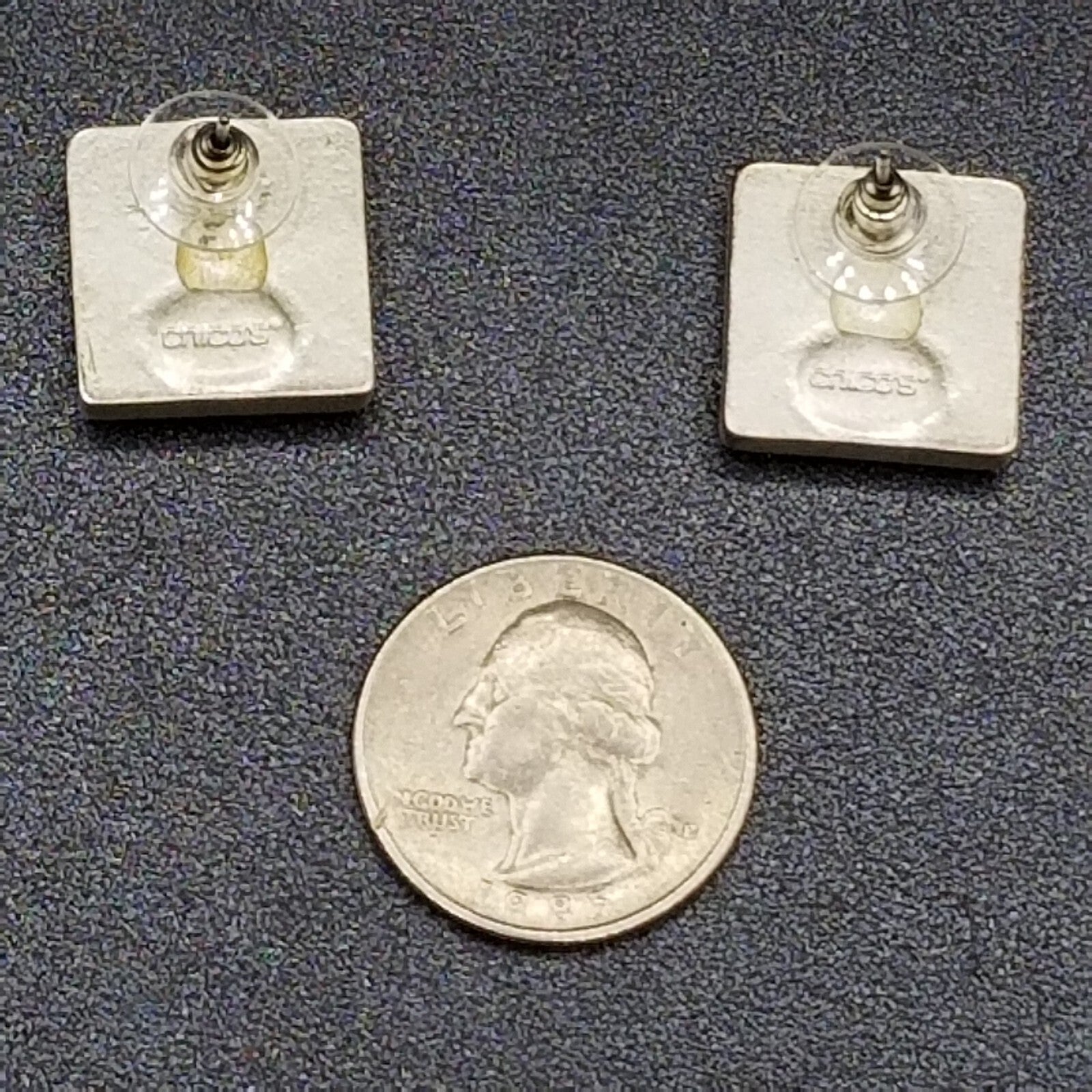 Pierced Earrings Chico's Silver tone Geometric Square Clear Glass Stud 3/4"