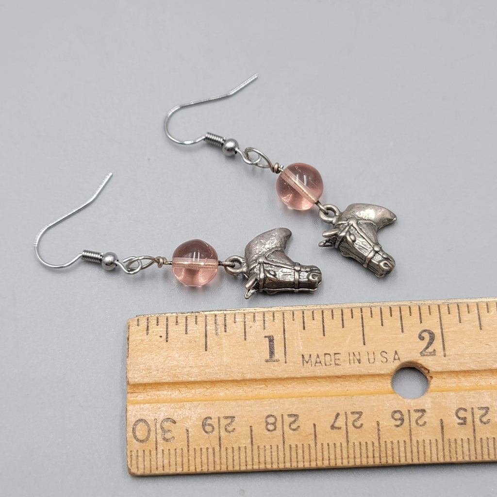 Horse Head Pink Bead Pierced Earrings Silver tone Dangle 1.25 in