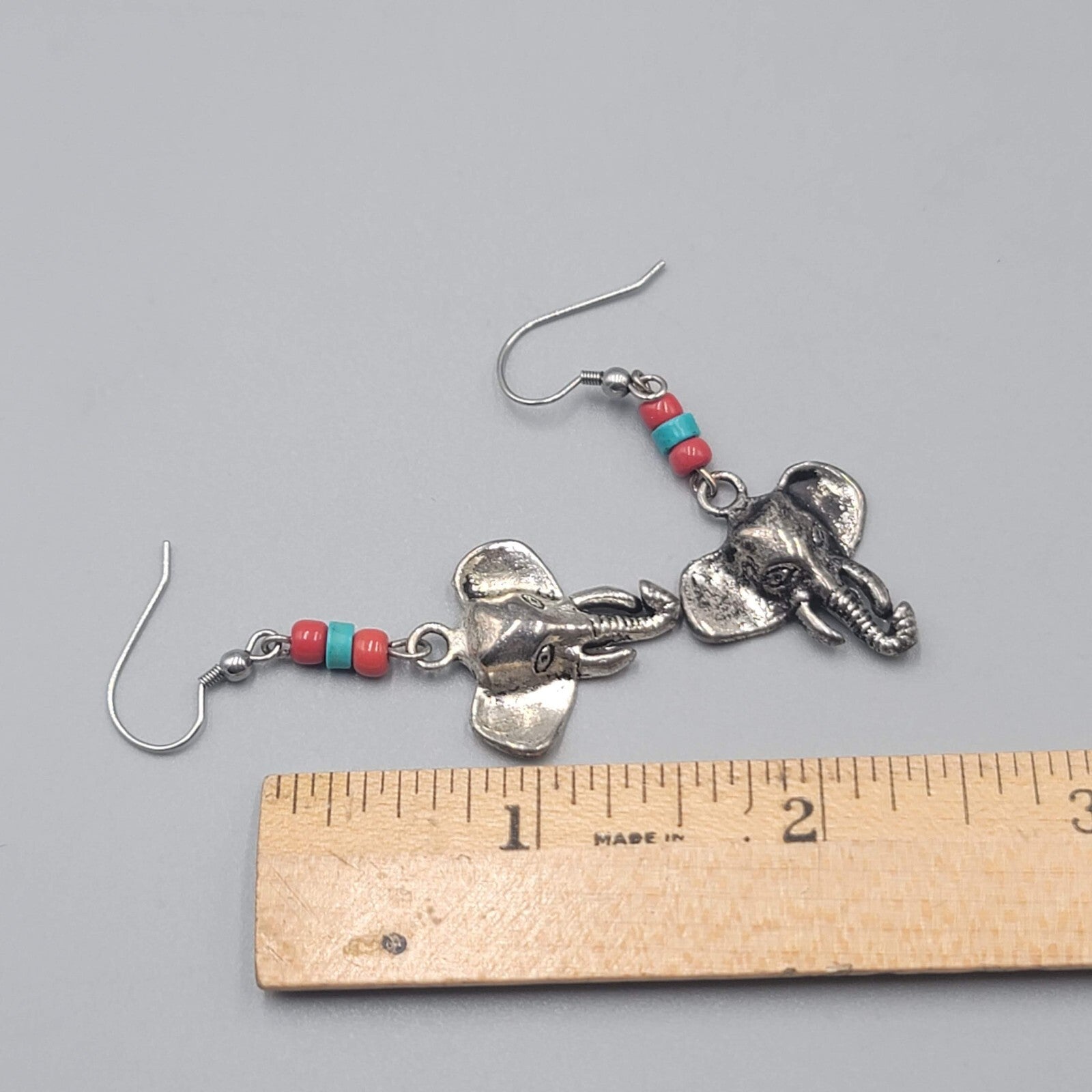 Elephant Bead Pierced Earrings Dangle Silver tone 1.5"