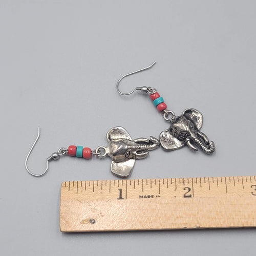 Elephant Bead Pierced Earrings Dangle Silver tone 1.5"