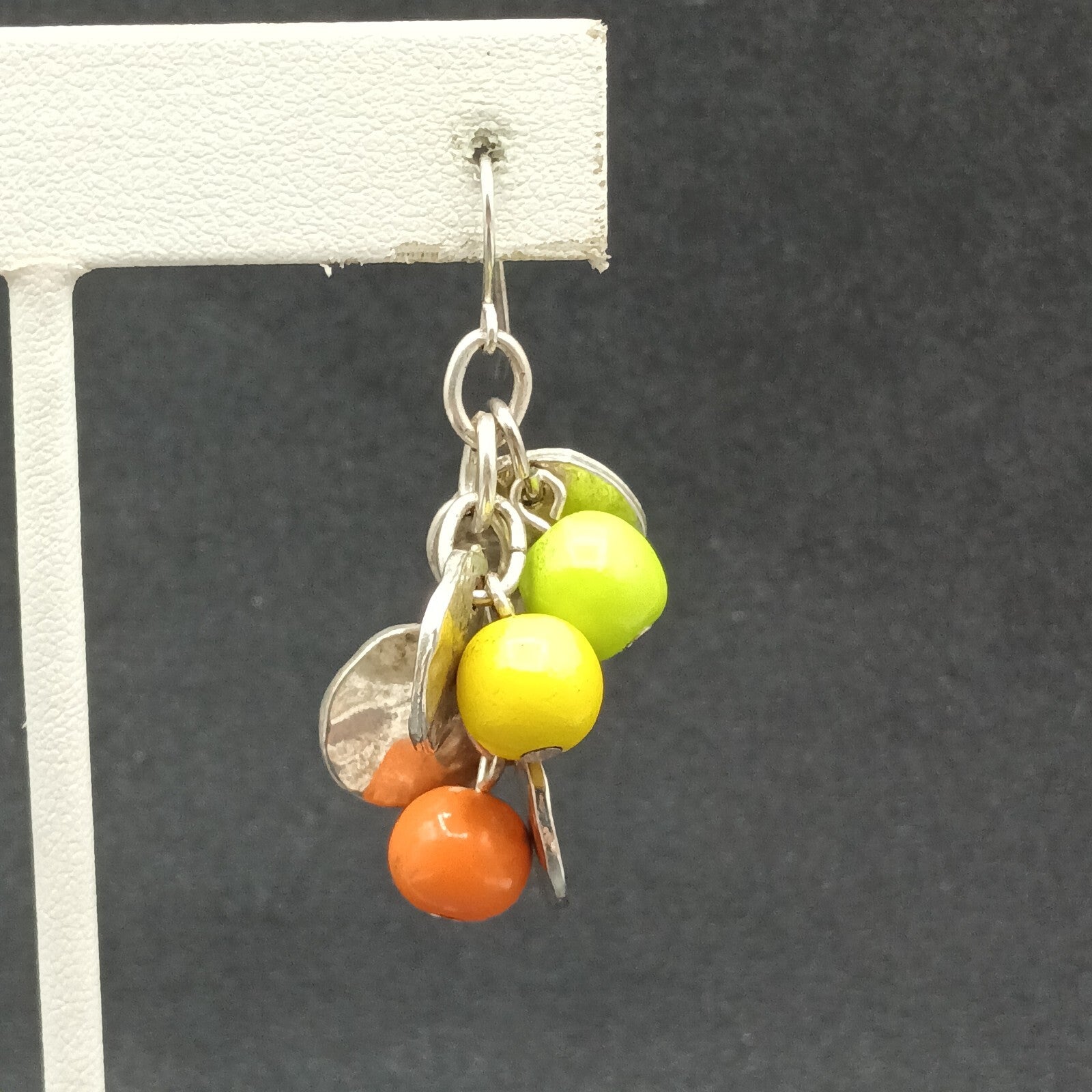 Pierced Earrings Silver tone Chain Hammer Disk Multicolor Bead Dangle 1 3/8"