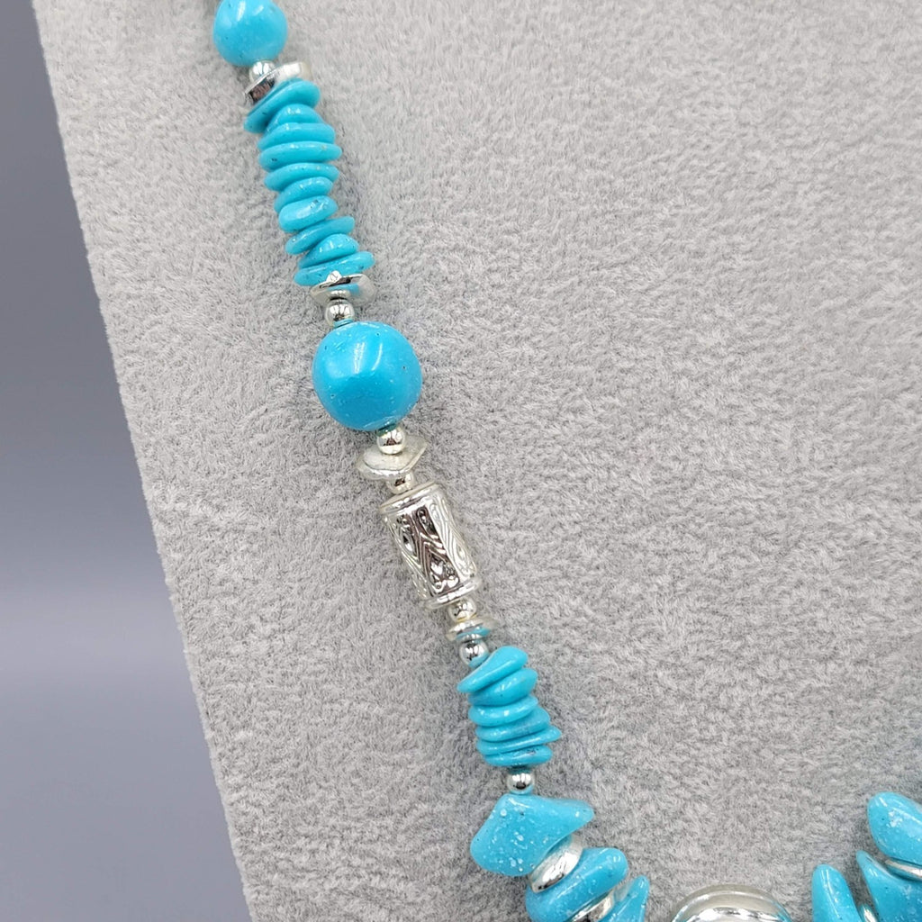 Vintage Bright Blue and Silver tone Bead Necklace 28"