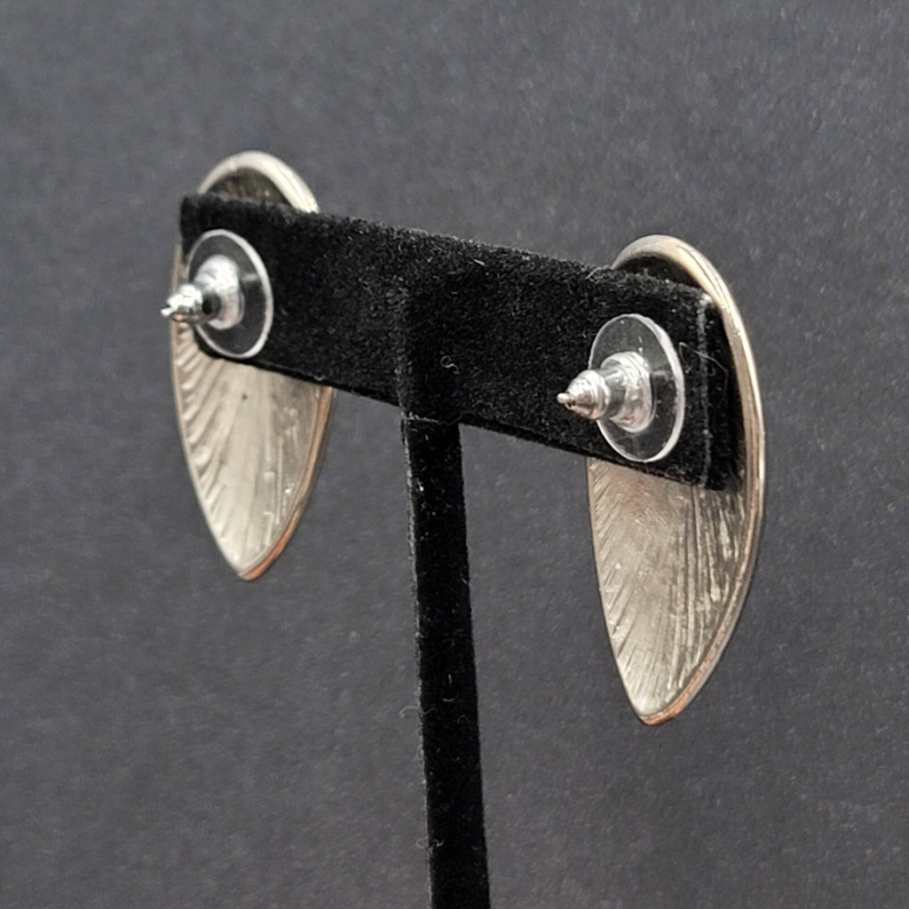 Vintage Pierced Earrings Silver tone Black Cream Enamel Drop 1 3/8"