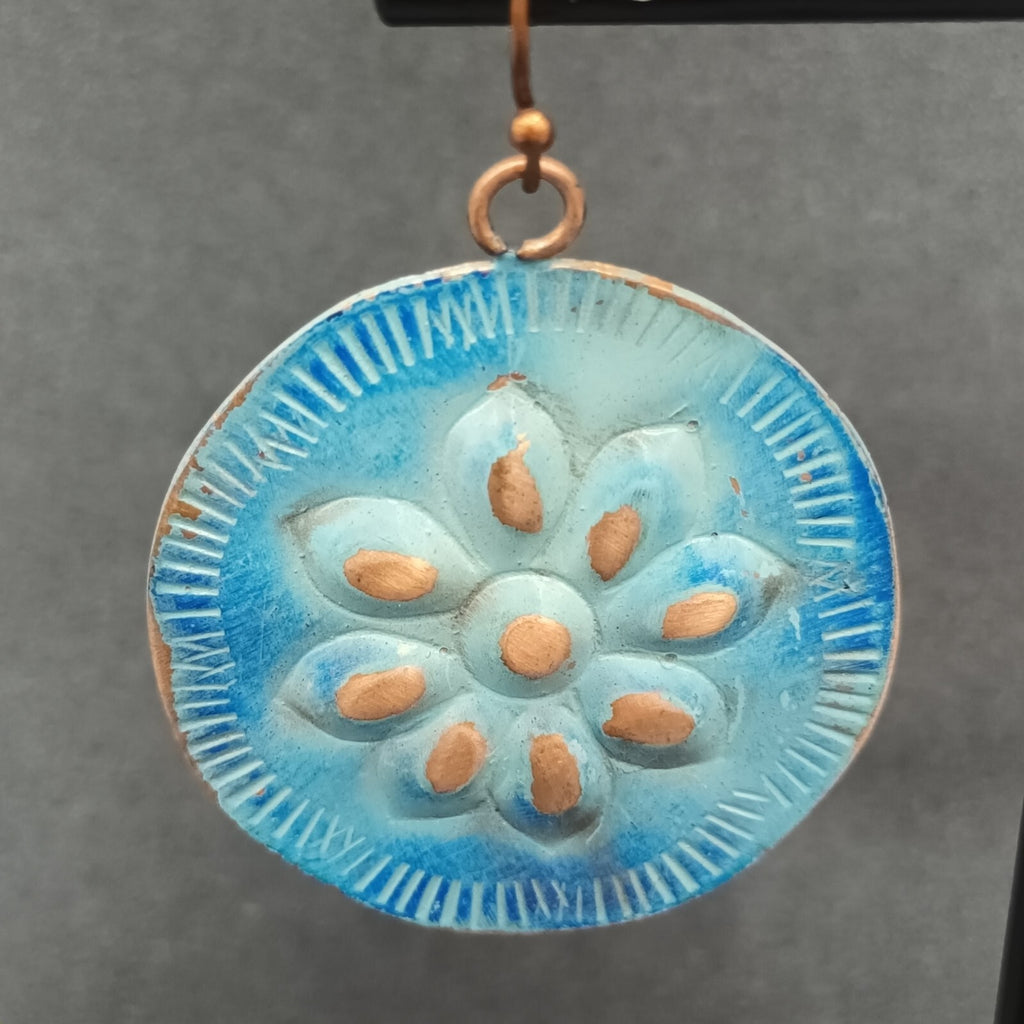 Pierced Earrings Copper tone Blue Enamel Flower Embossed Discs Dangle Boho 1.25"