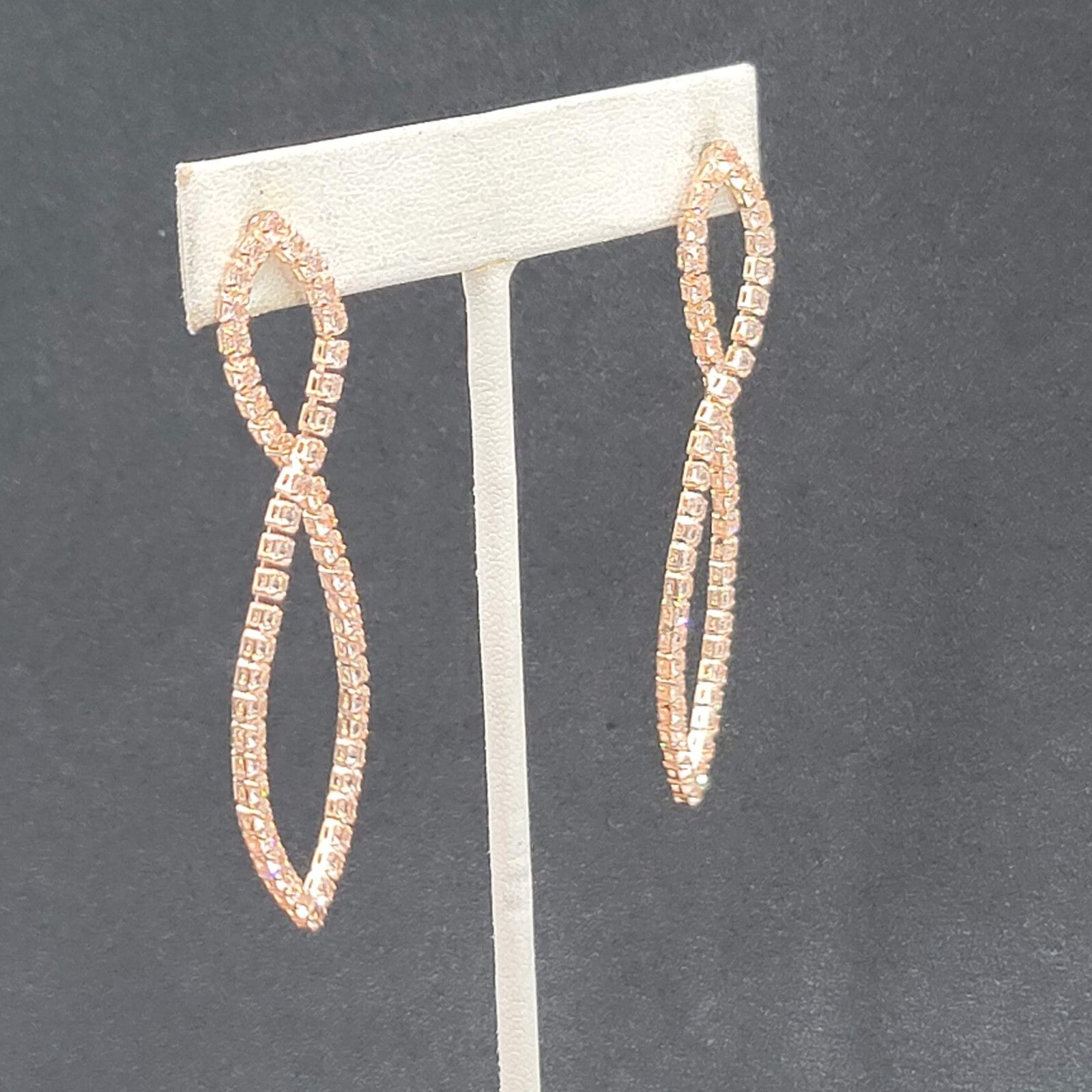 Pierced Earrings Rose Gold tone Crystal Prom Wedding Dangle 2.5"