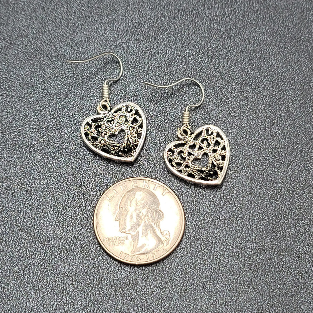 Heart Pierced Earrings Open Work Silver tone Dangle 3/4"