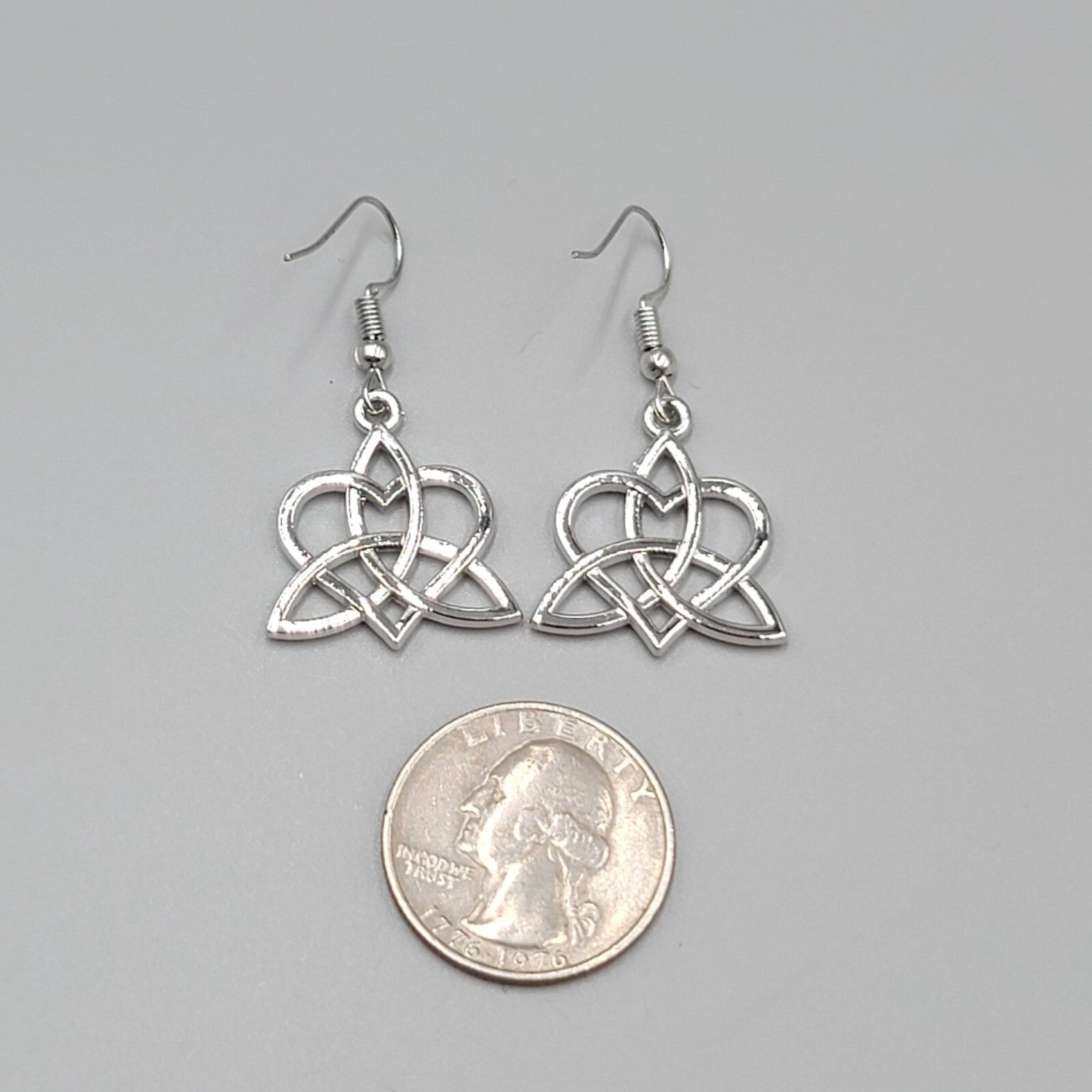 Celtic Heart Knot Pierced Earrings Silver tone Dangle 7/8"