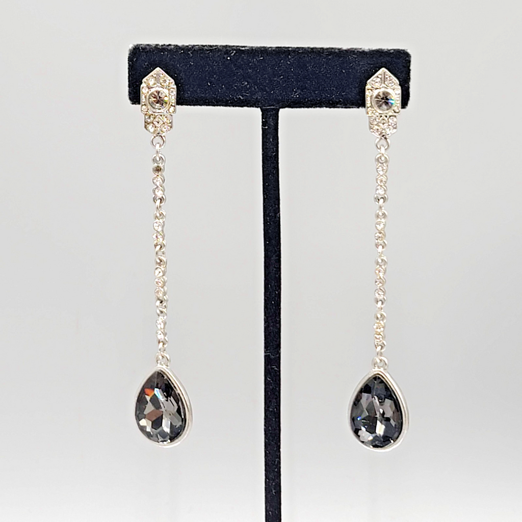 Long Pierced Earrings Smokey Teardrop Rhinestone Silver tone Dangle  3.5 in