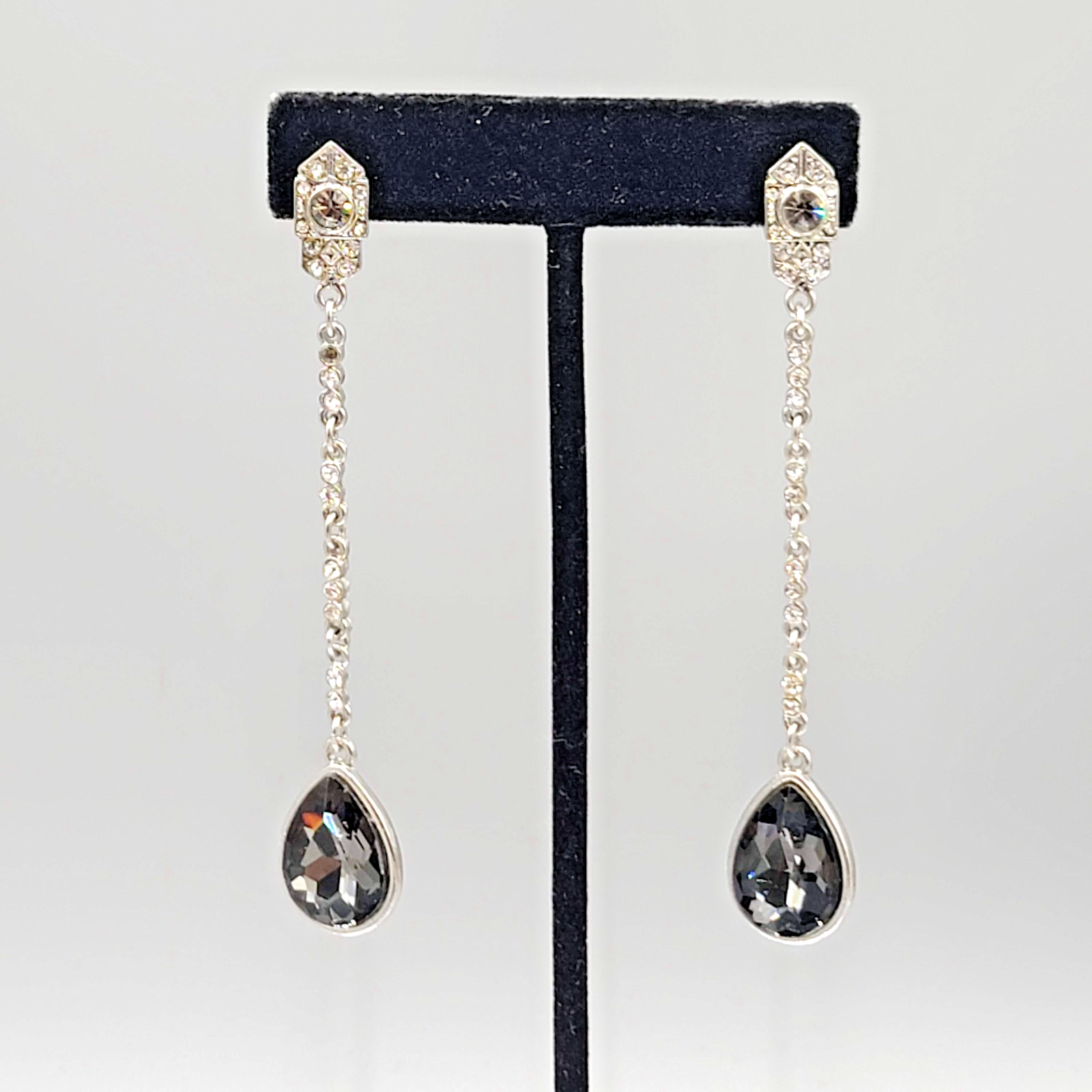 Long Pierced Earrings Smokey Teardrop Rhinestone Silver tone Dangle  3.5 in