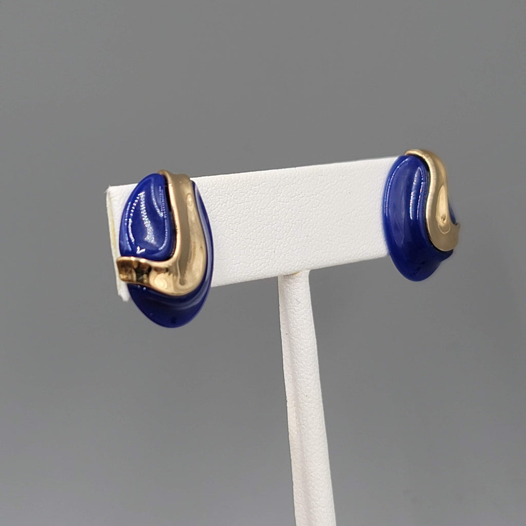 Vintage Blue Oval Pierced Earrings Gold tone Drop 3/4"