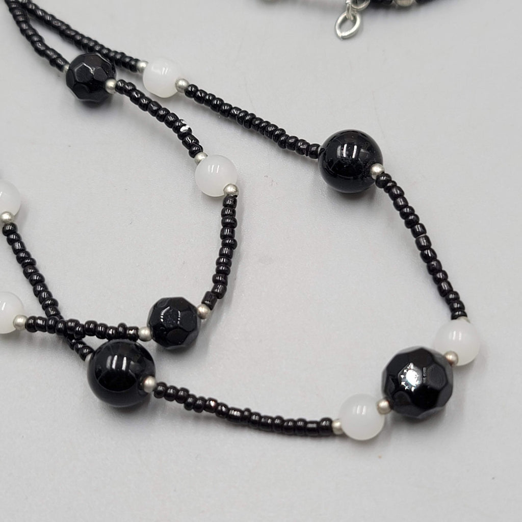 Black Glass Bead White Opaque Double Strand Necklace 20"-22"