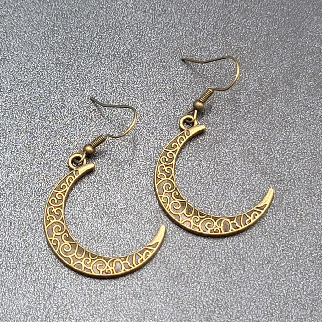 New Crescent Moon Pierced Earrings Embossed Pattern Bronze tone Dangle 1.25"