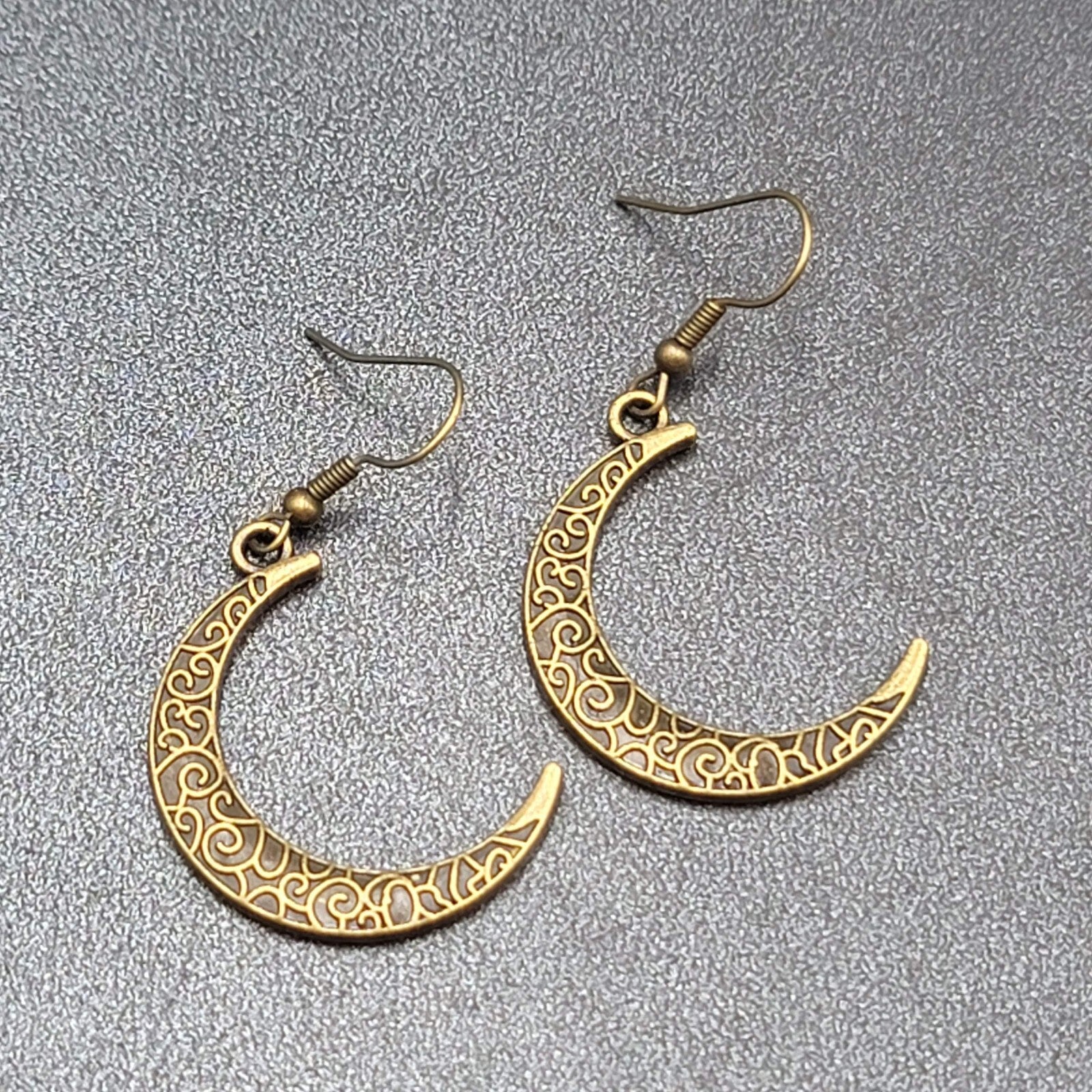 New Crescent Moon Pierced Earrings Embossed Pattern Bronze tone Dangle 1.25"