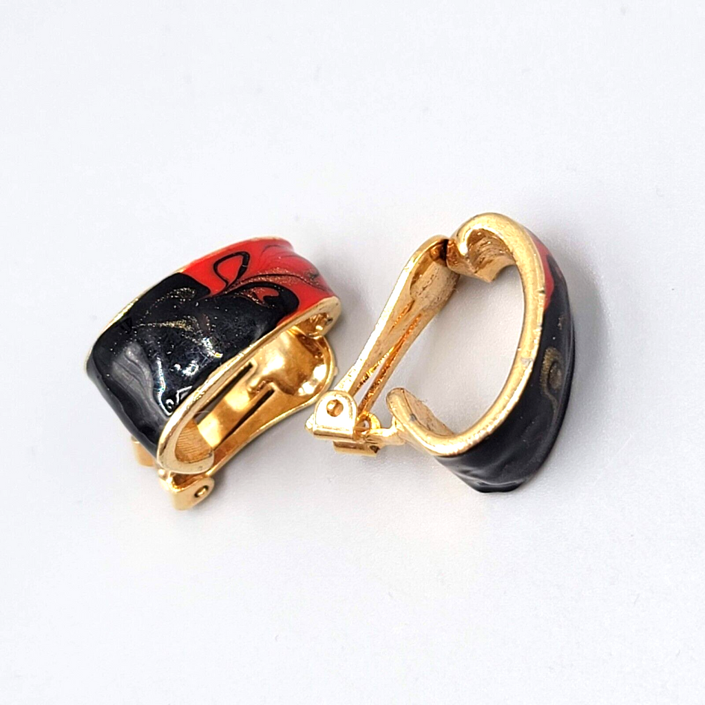 Vintage Clip on Earrings Red Black Enamel Half Hoop Gold tone 3/4"