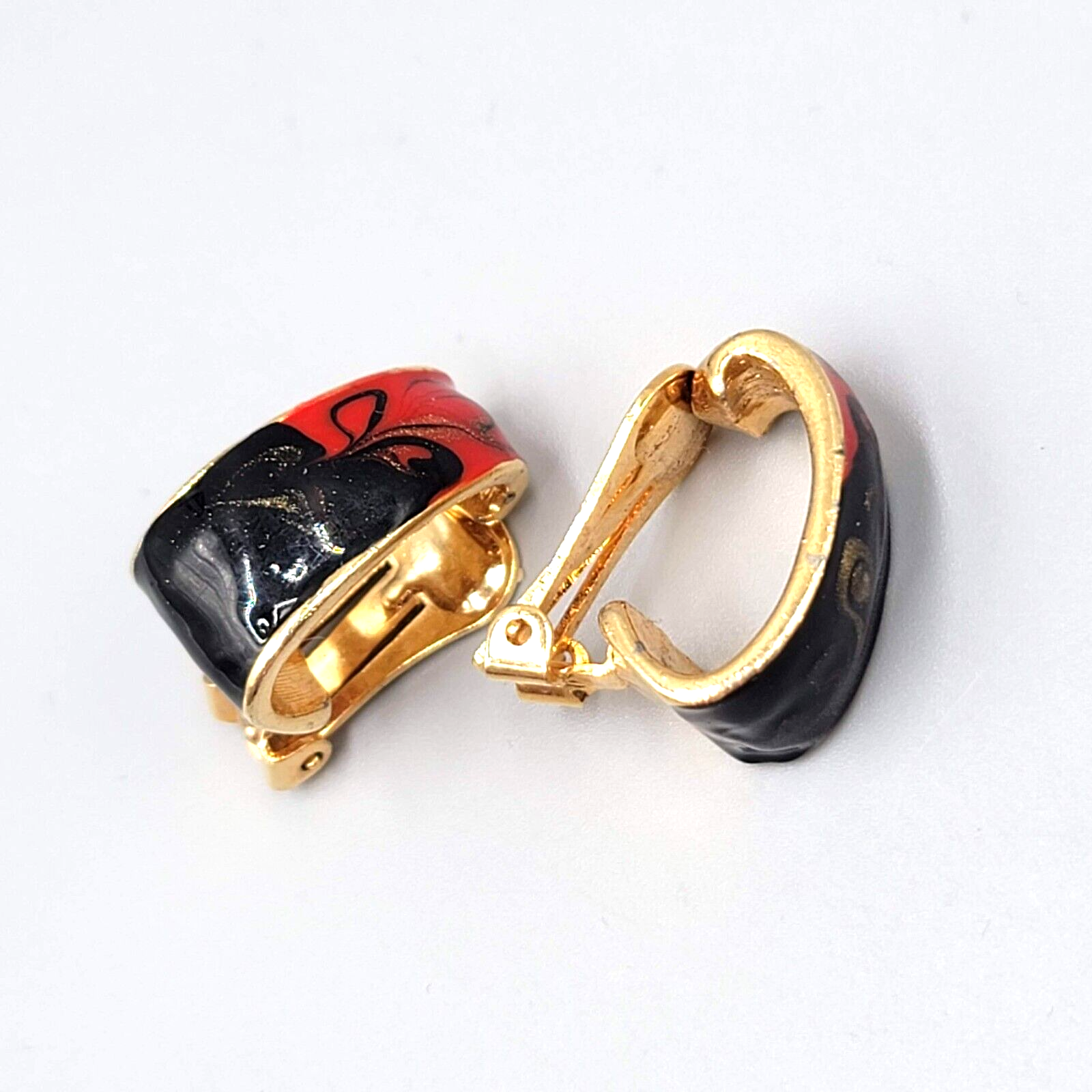 Vintage Clip on Earrings Red Black Enamel Half Hoop Gold tone 3/4"