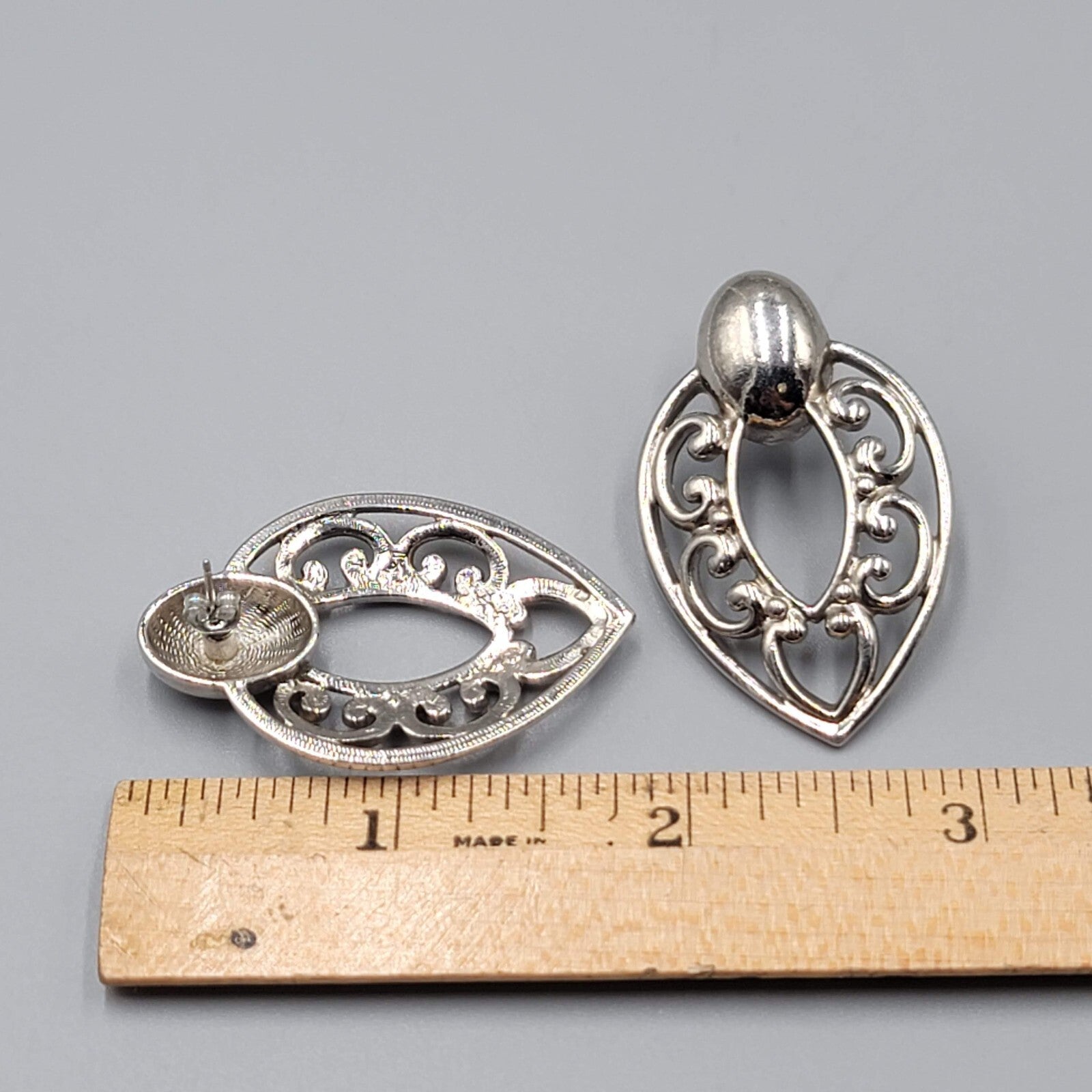 Vintage Pierced Earrings Silver tone Filigree Door Knocker Style Statement 1.75"