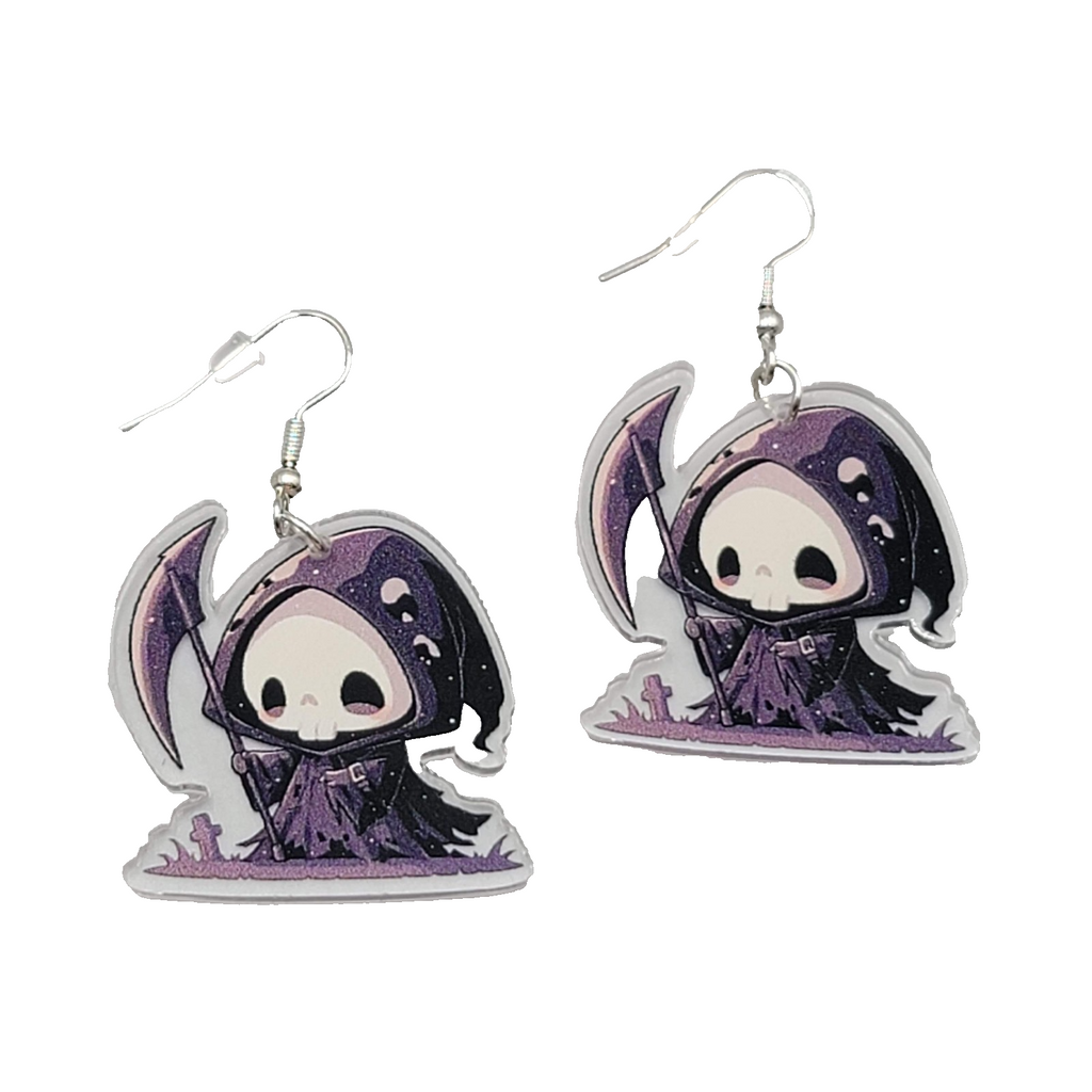 Halloween Purple Black Reaper Pierced Earrings Silver tone Dangle 1.5 in