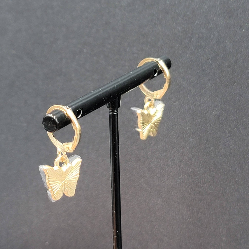 New Pierced Earrings Gold tone Gray Resin Butterfly Dangle Huggie Hoops 1/2"