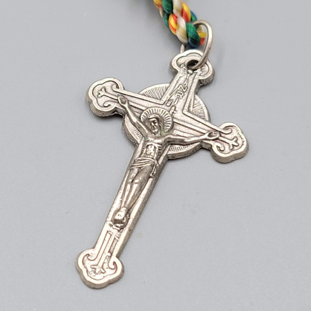 Hand Knotted Rosary Multi Color Thread Silver tone Crucifix Hand Made