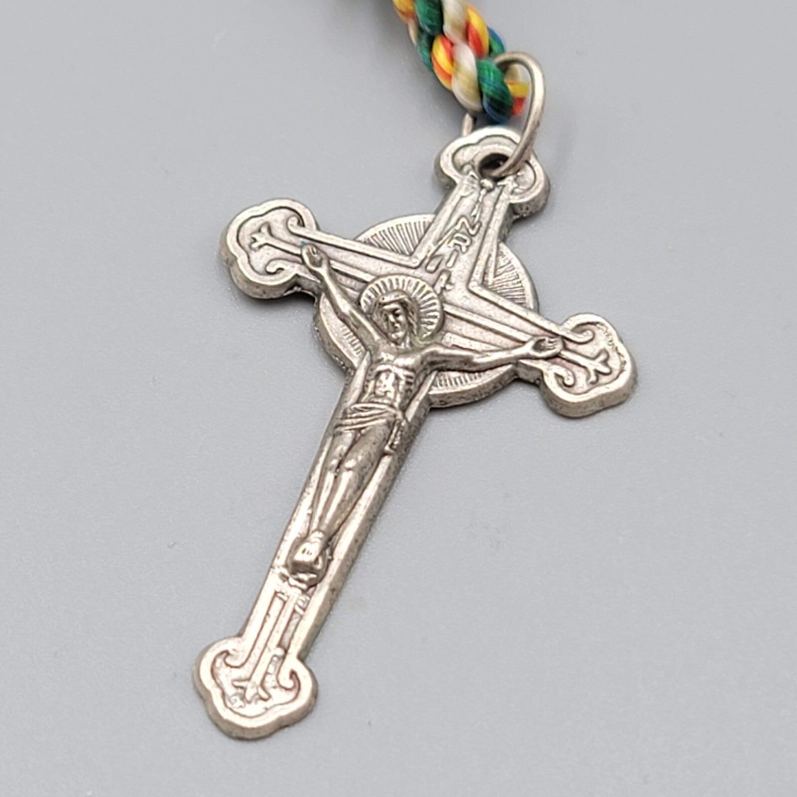 Hand Knotted Rosary Multi Color Thread Silver tone Crucifix Hand Made