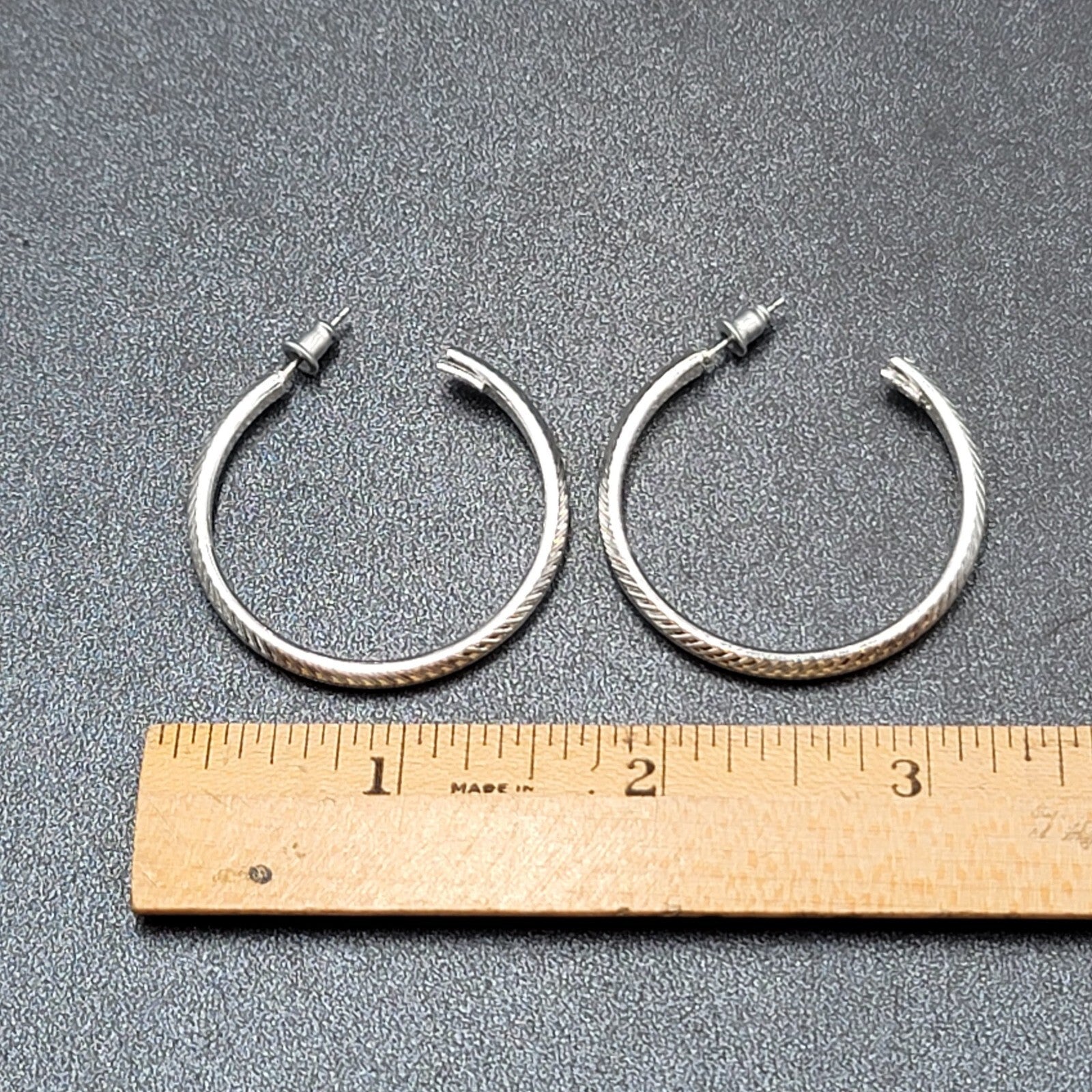 Pierced Earrings Silver tone Textured Hoops 1.5"