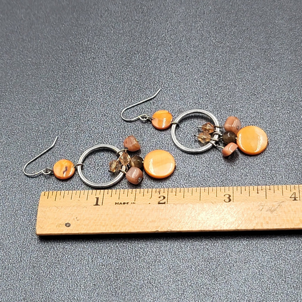 Pierced Earrings Silver tone Orange Shells Dangle Beads 2"