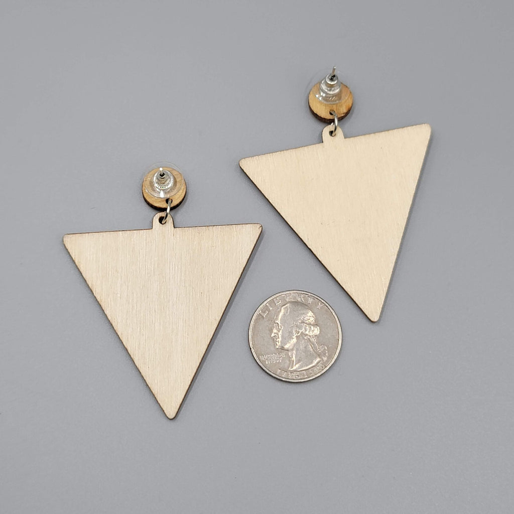 Large Wood Boho Statement Pierced Earrings Multicolor Design Triangle  2.5"