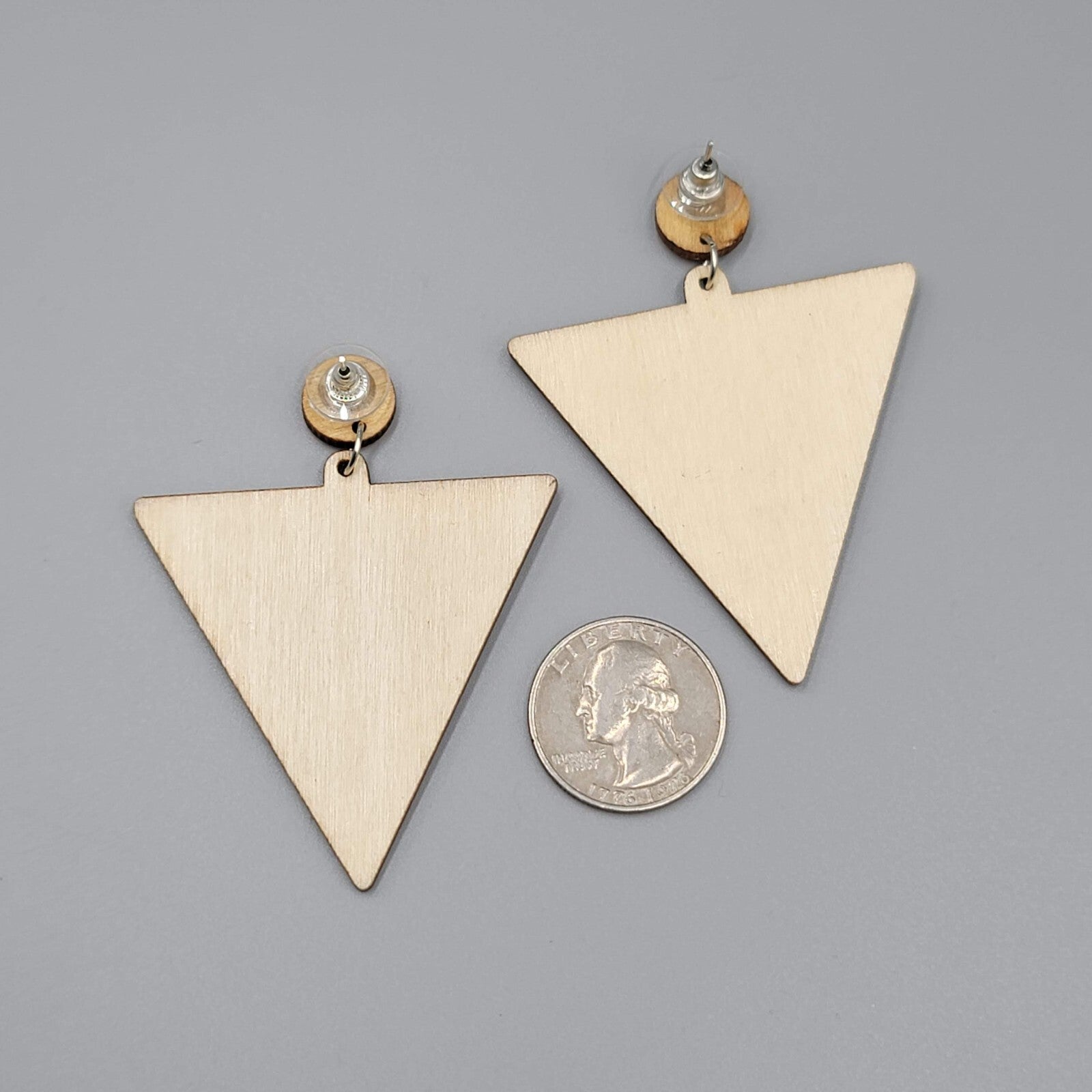 Large Wood Boho Statement Pierced Earrings Multicolor Design Triangle  2.5"