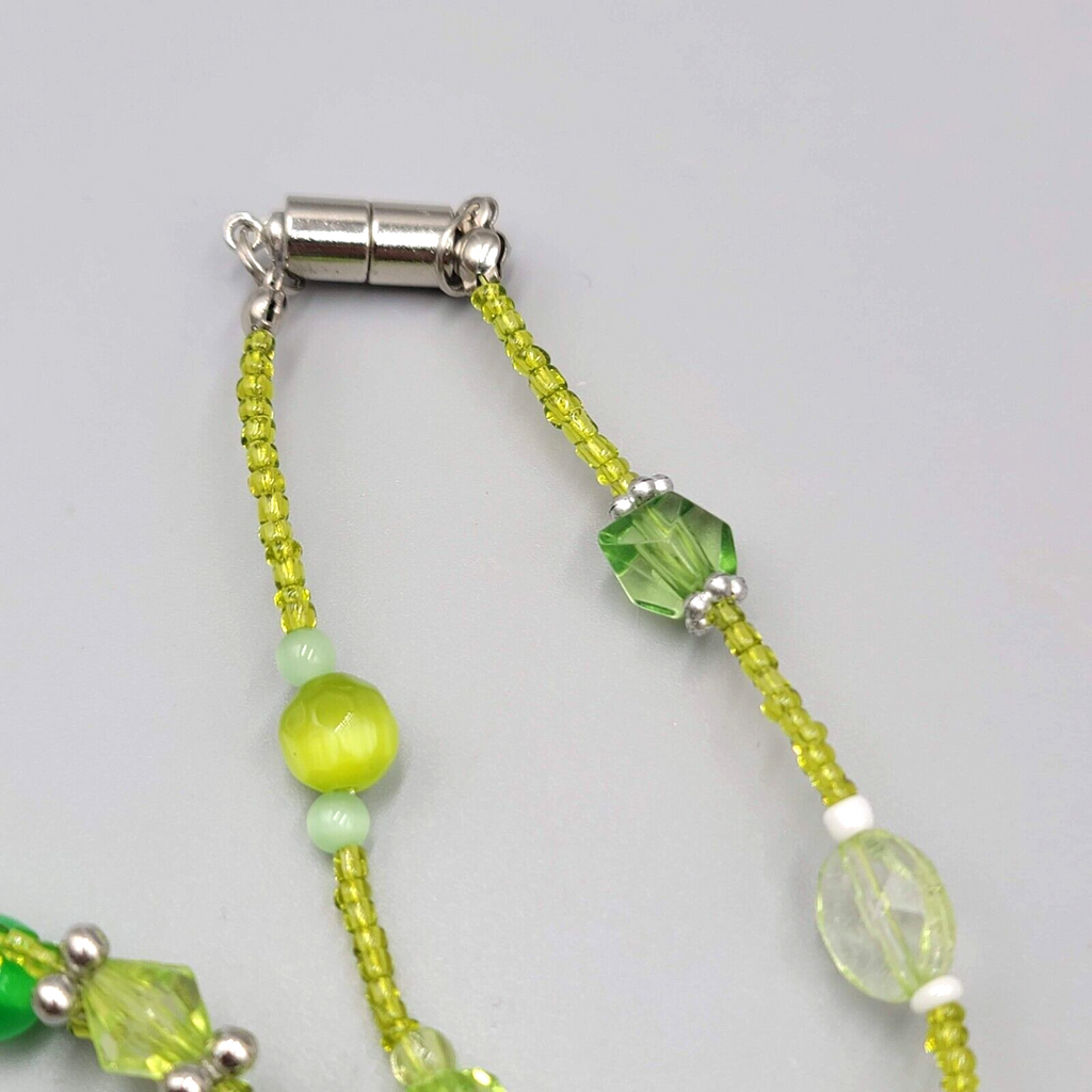 Green Bead Lanyard Necklace Silver tone Keychain Necklace 32" Magnet Closure