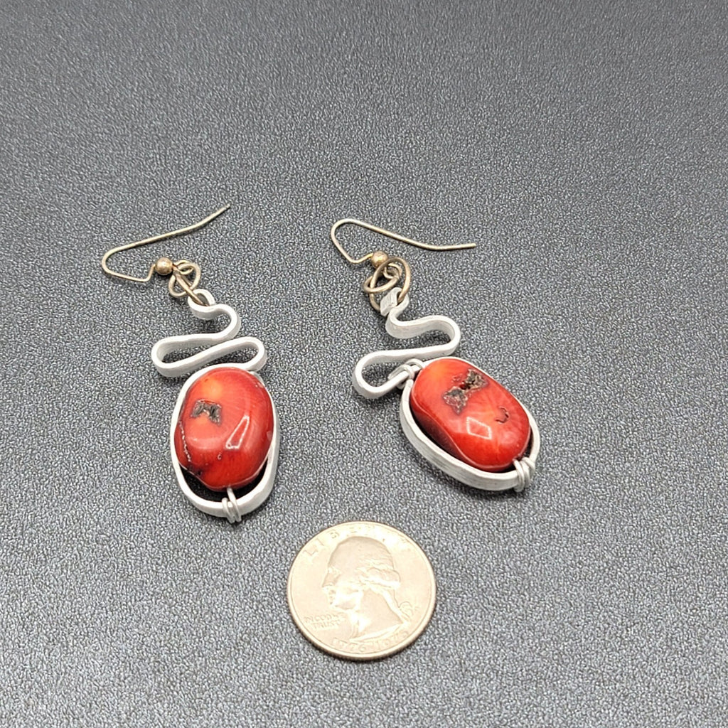 Artisan Pierced Earrings Large Coral Bead Silver tone Dangle 2"