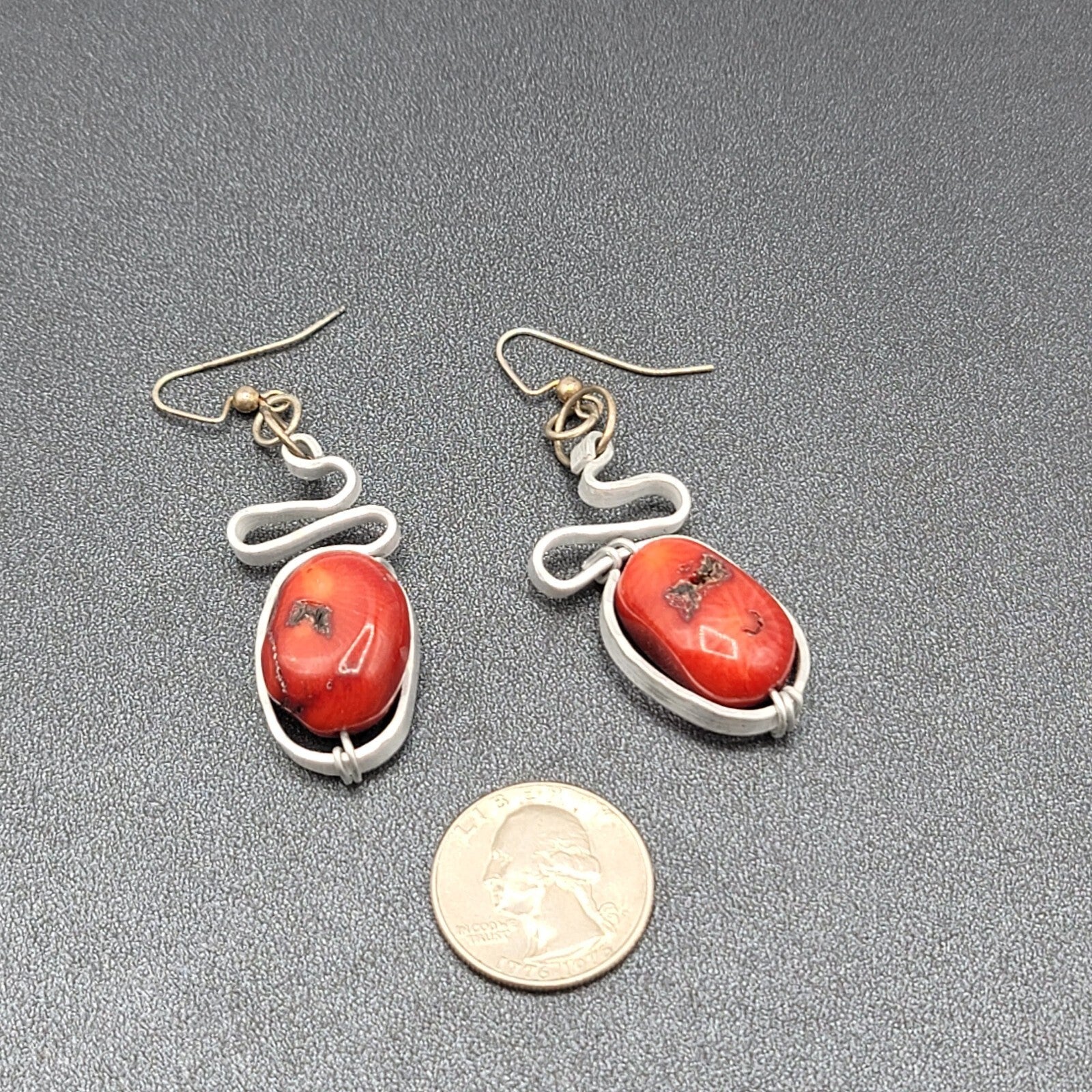 Artisan Pierced Earrings Large Coral Bead Silver tone Dangle 2"